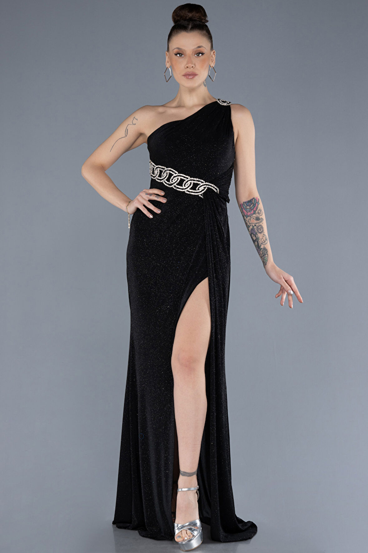 Tek Omuz Bacak Dekolteli Uzun Simli Abiye ABU4599