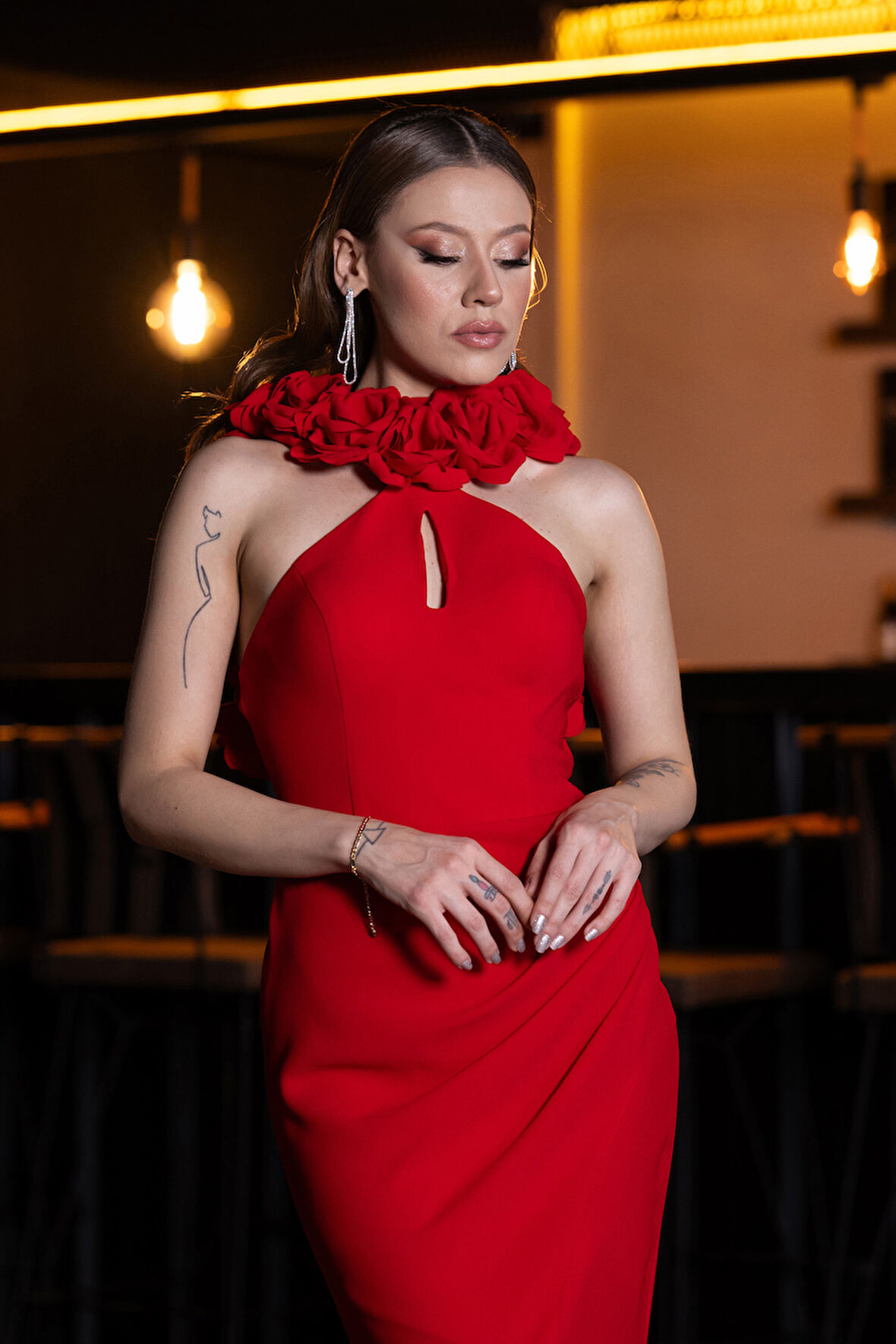 Güllü Halter Yaka Yırtmaçlı Uzun Abiye ABU4610