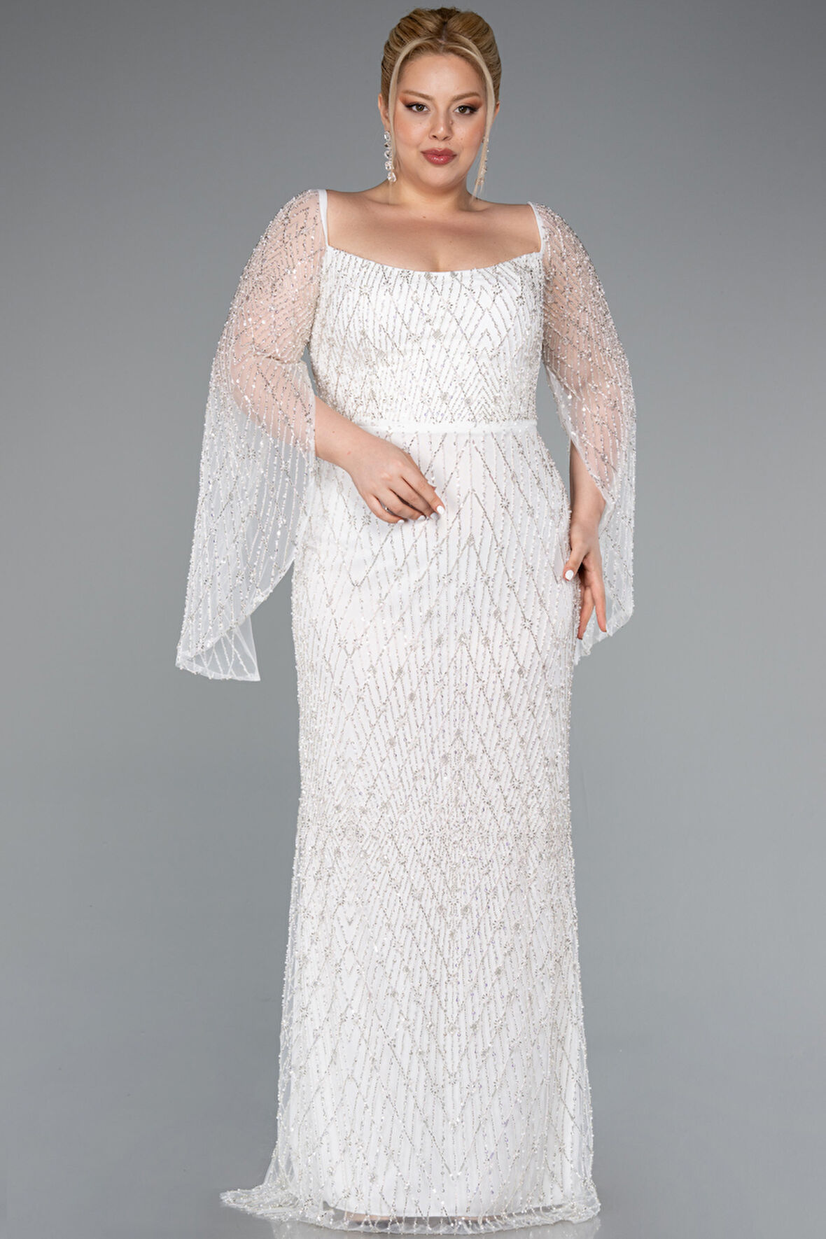 Kare Yaka Uzun Kol Boncuklu Büyük Beden Abiye ABU4640