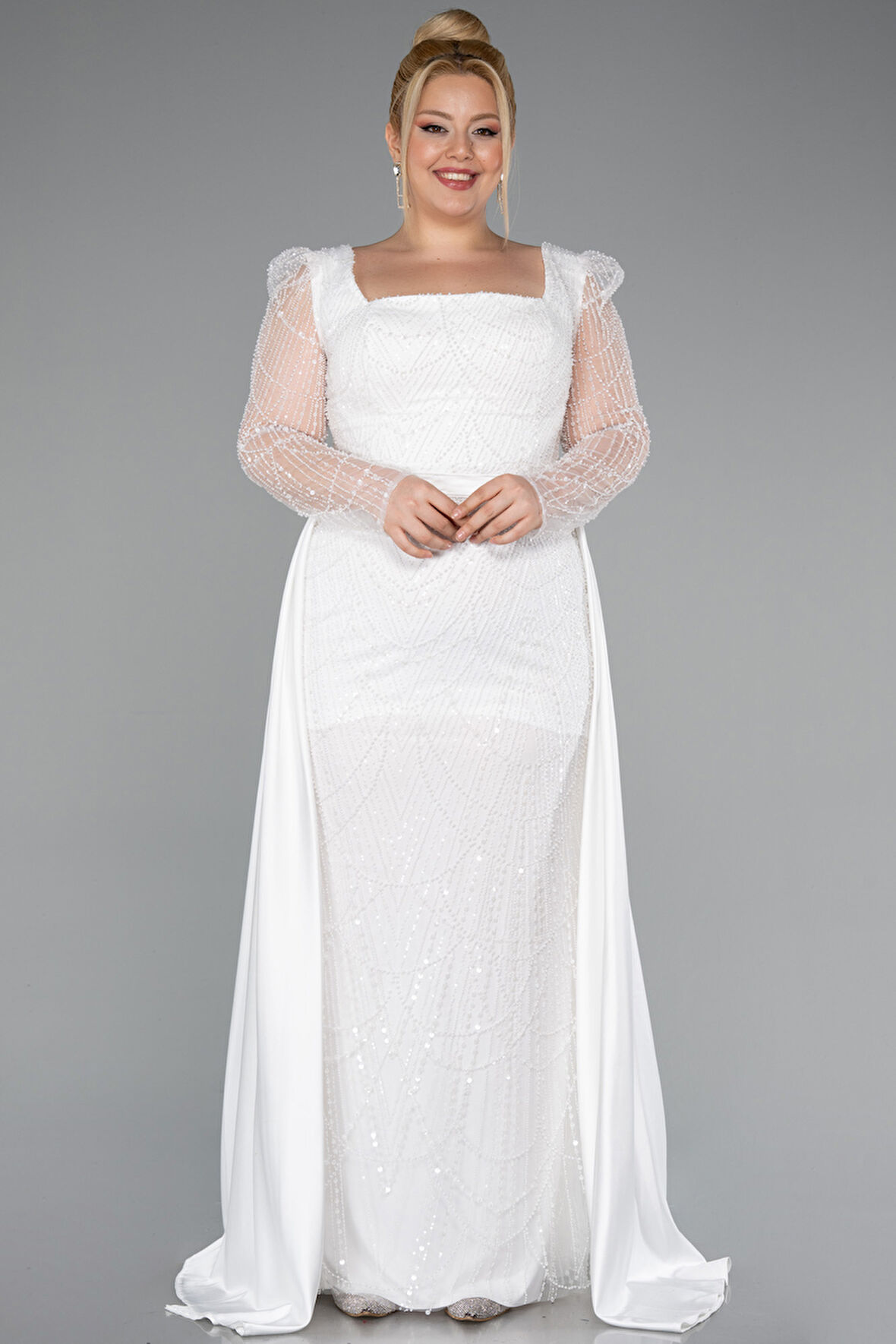 Taşlı Uzun Kol Saten Kuyruklu Büyük Beden Abiye ABU4761