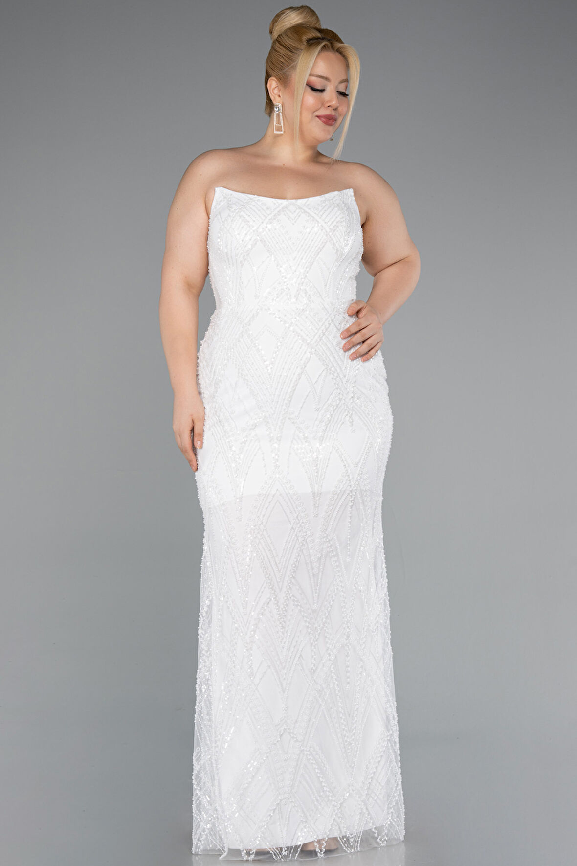 Straplez Boncuklu Uzun Büyük Beden Abiye ABU4789