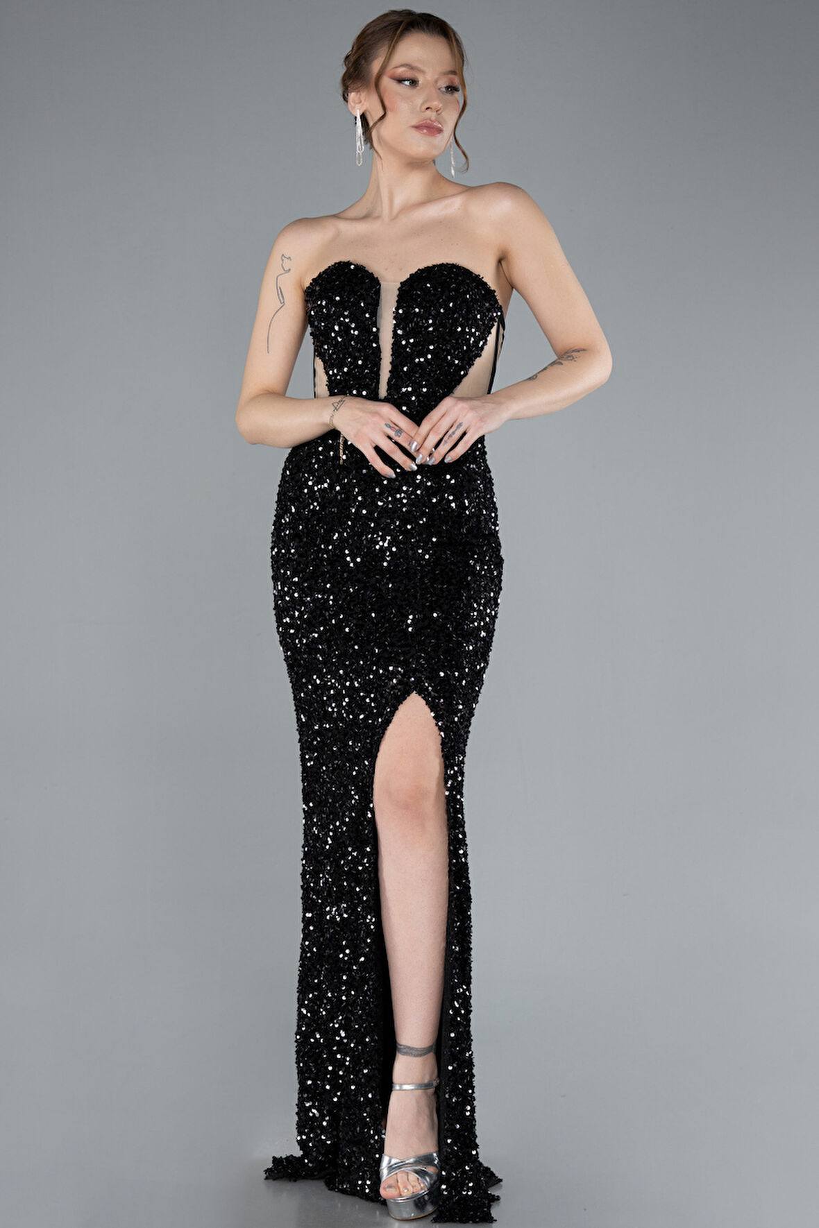 Straplez Bacak Dekolteli Uzun Pullu Balık Abiye ABU4790