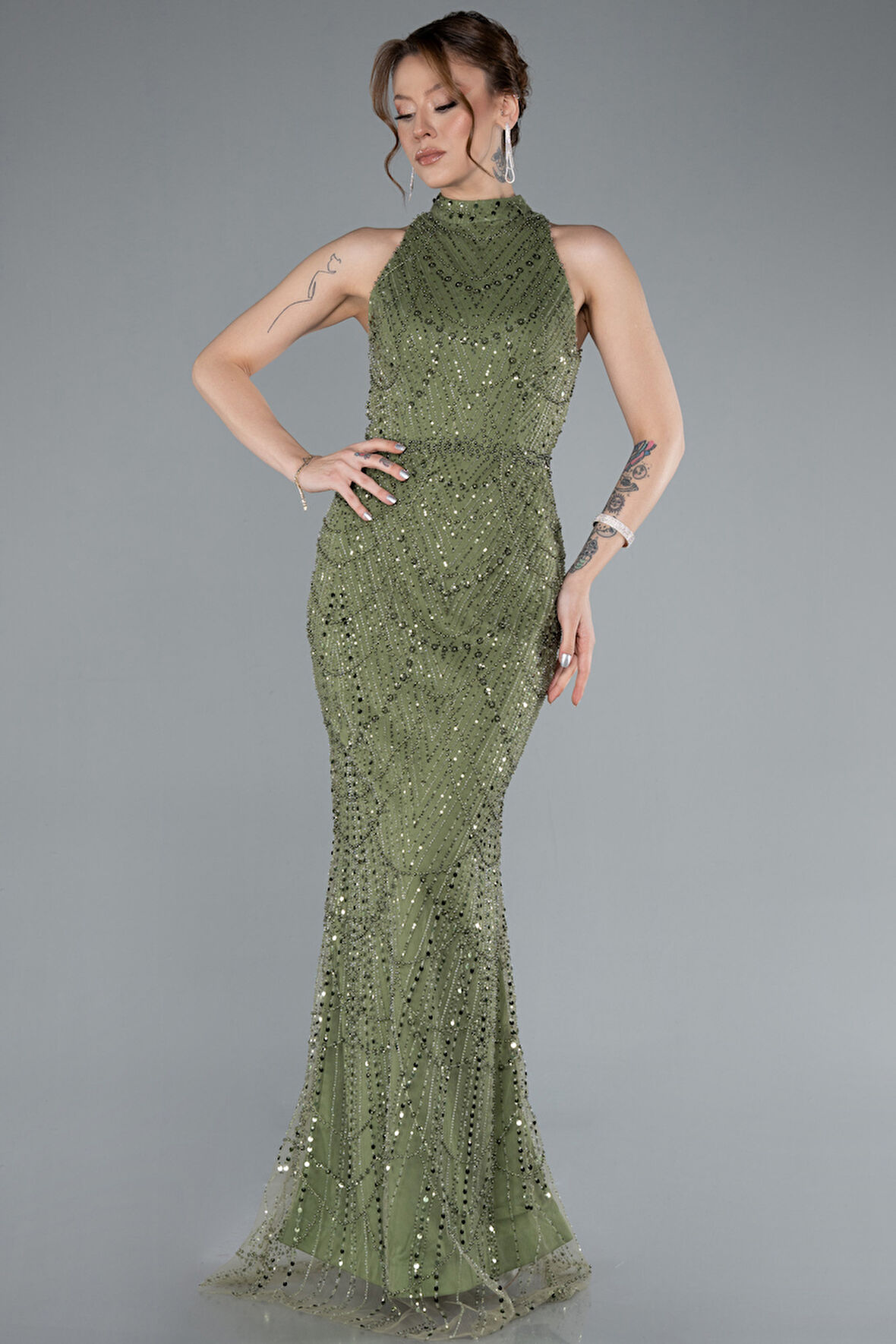 Halter Yaka Boncuklu Uzun Balık Abiye ABU4791