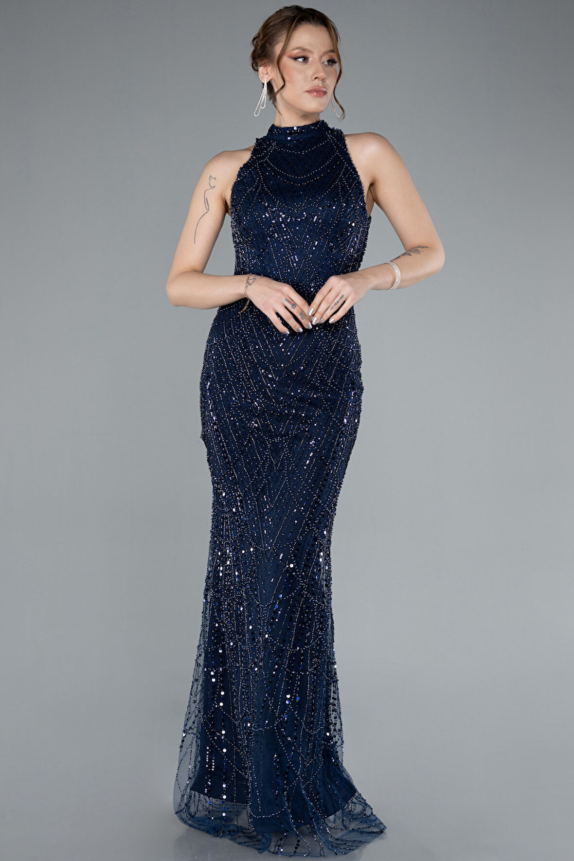 Halter Yaka Boncuklu Uzun Balık Abiye ABU4791