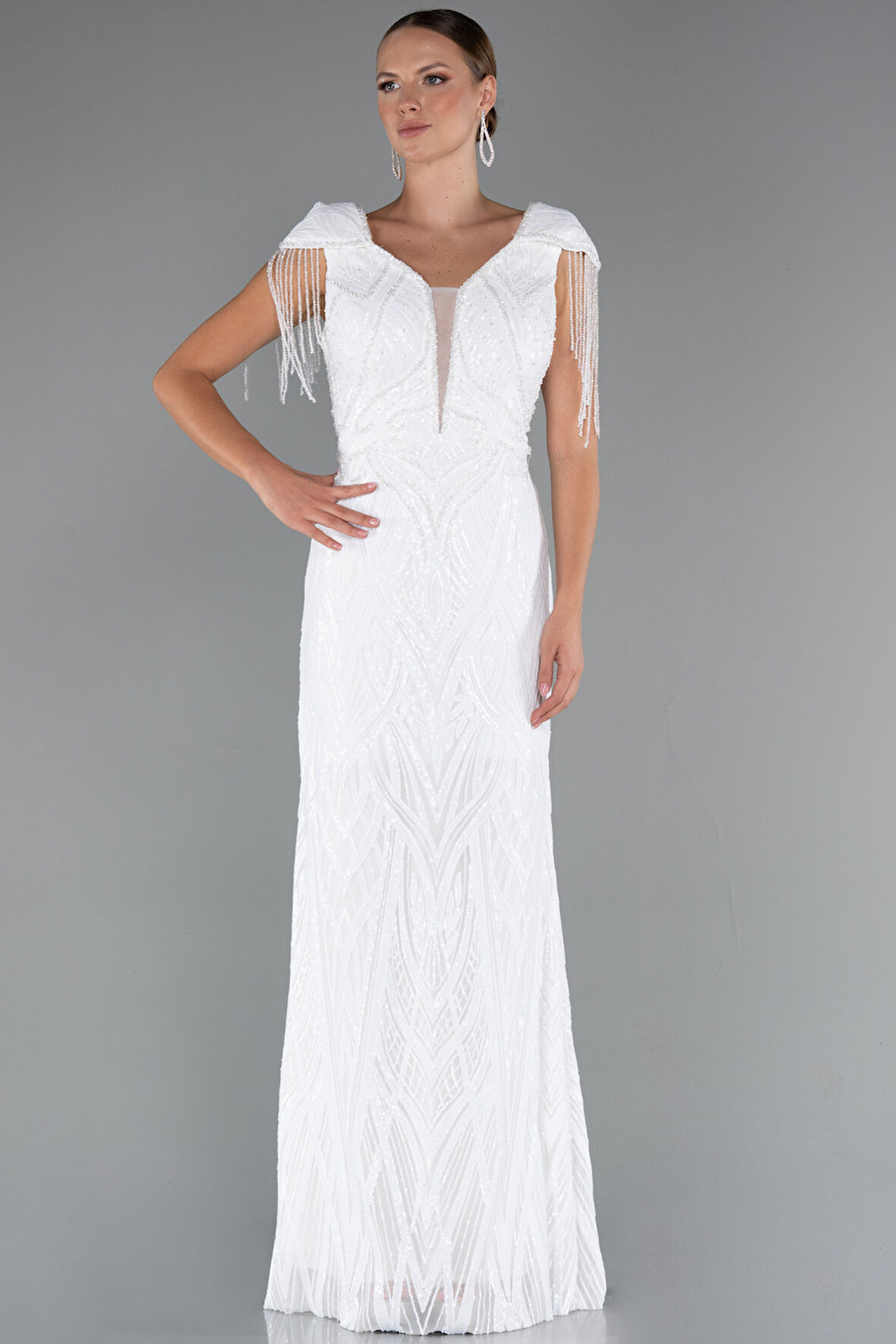 Kısa Kol V Yaka Uzun Pul Payet Büyük Beden Abiye ABU4821