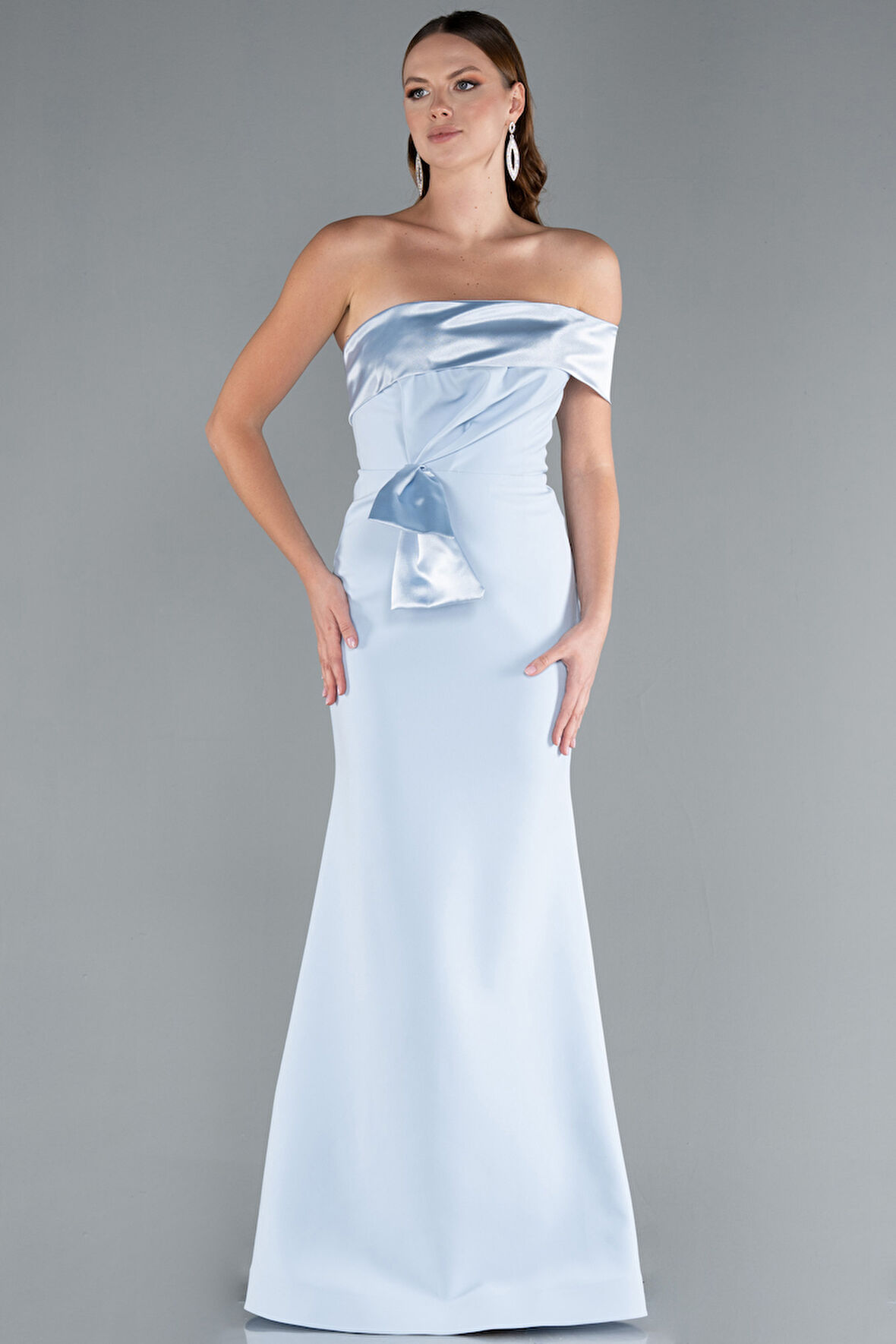 Saten Tek Omuz Uzun Balık Abiye Elbise ABU4832