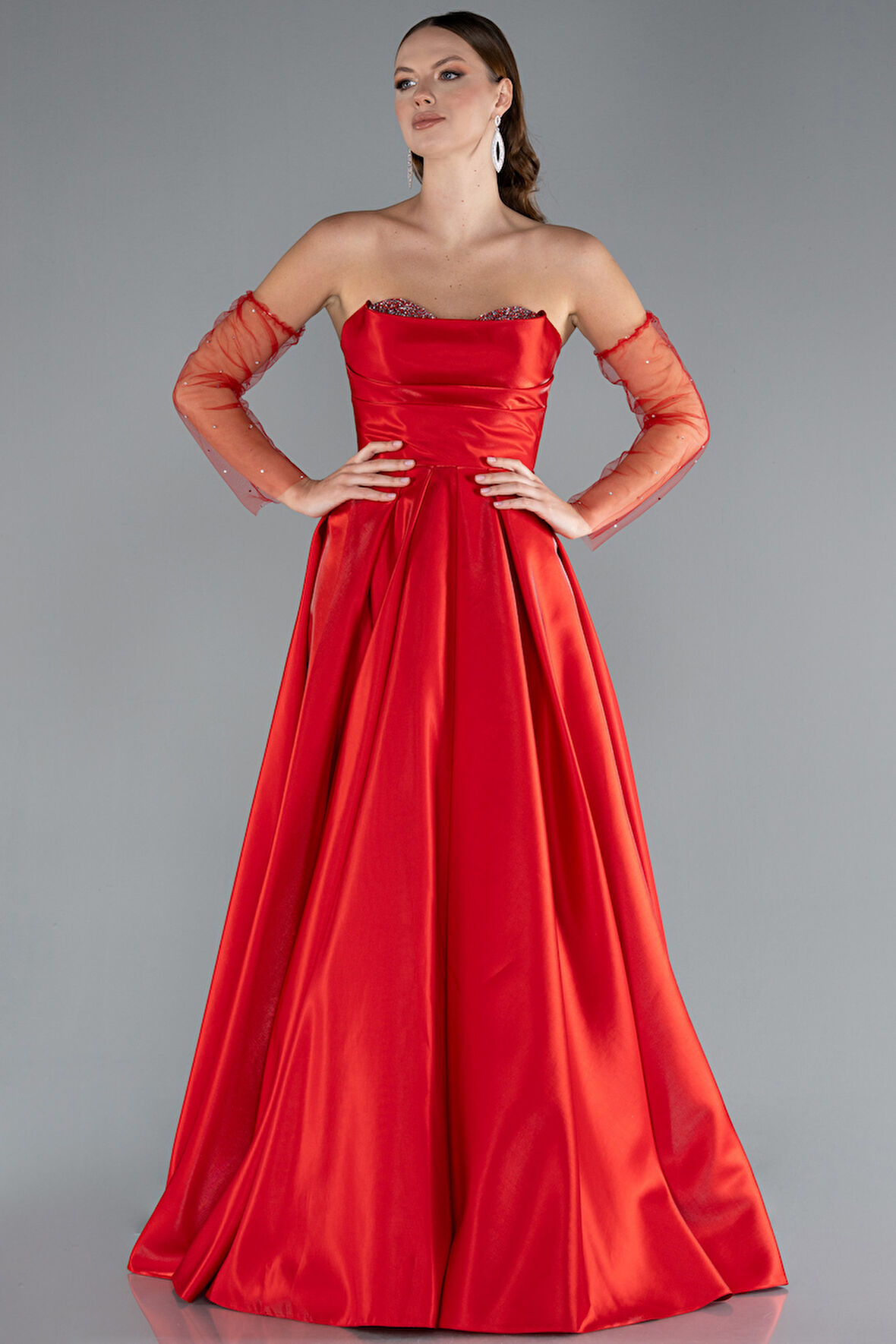 Taşlı Straplez Kol Aksesuarlı Uzun Tafta Abiye ABU4846