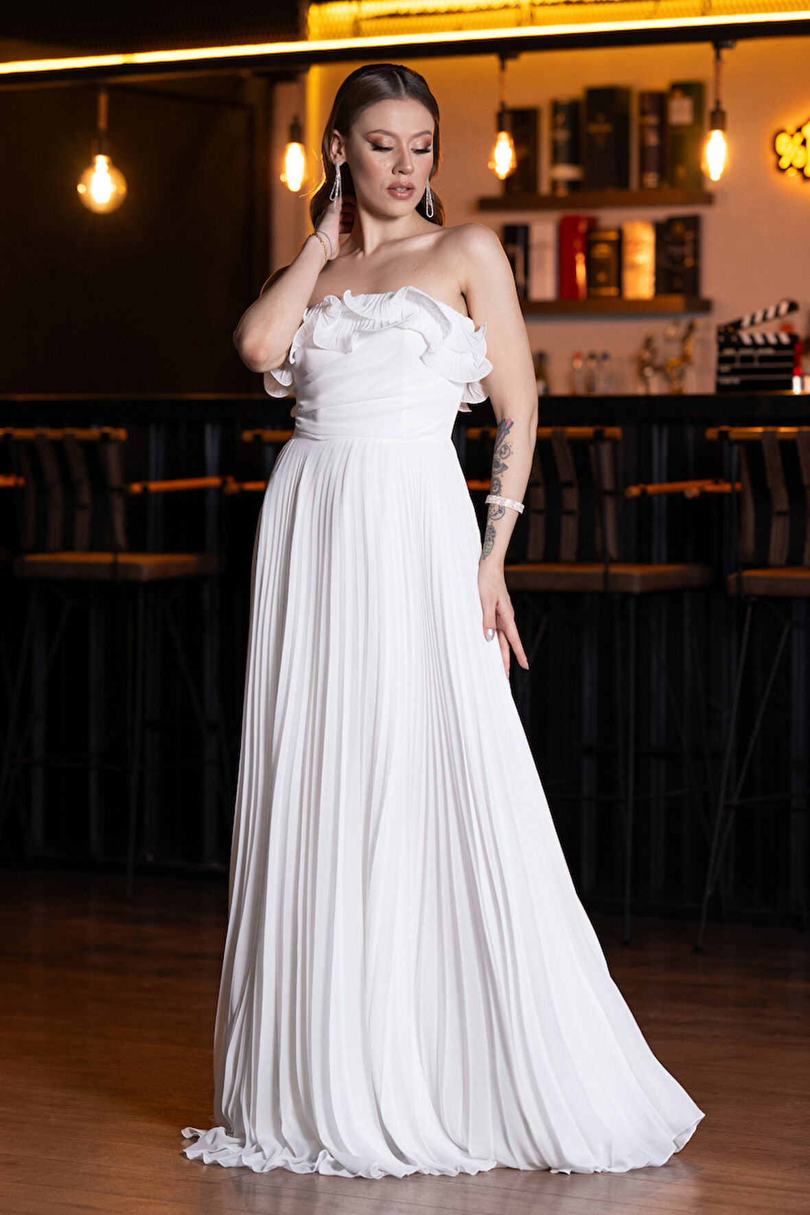 Straplez Piliseli Uzun Şifon Mezuniyet Elbisesi ABU4866