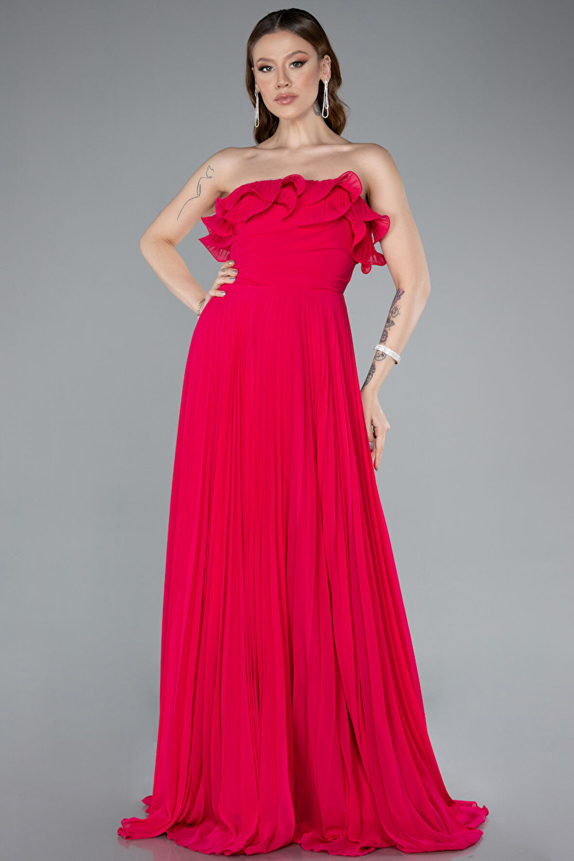 Straplez Piliseli Uzun Şifon Mezuniyet Elbisesi ABU4866