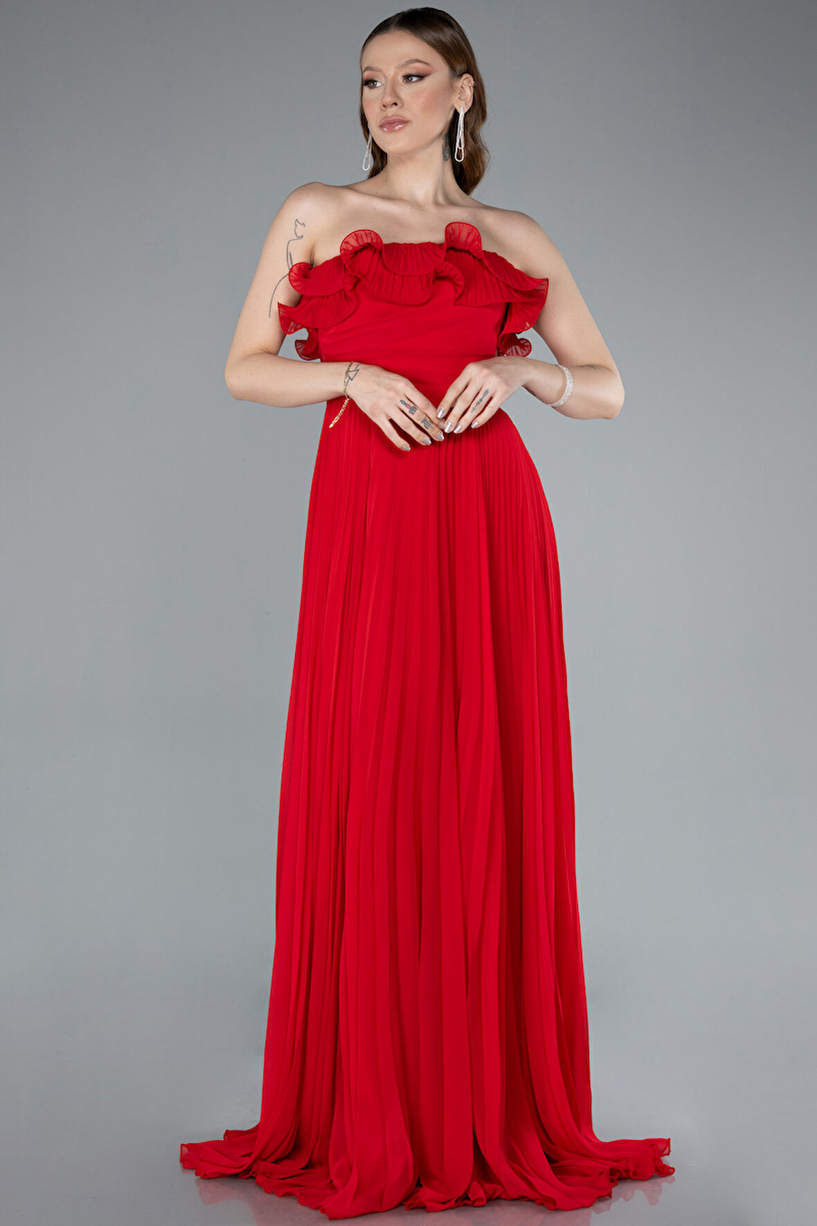 Straplez Piliseli Uzun Şifon Mezuniyet Elbisesi ABU4866