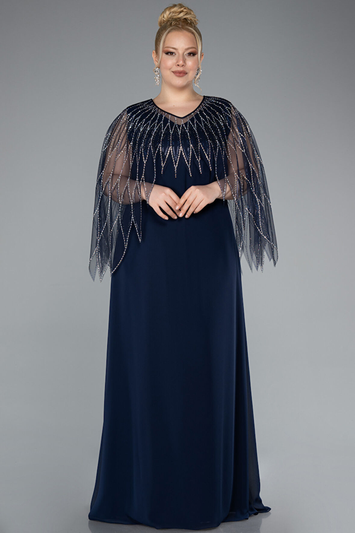 Kolsuz Üstü Taşlı İki Parça Uzun Büyük Beden Abiye ABU4888