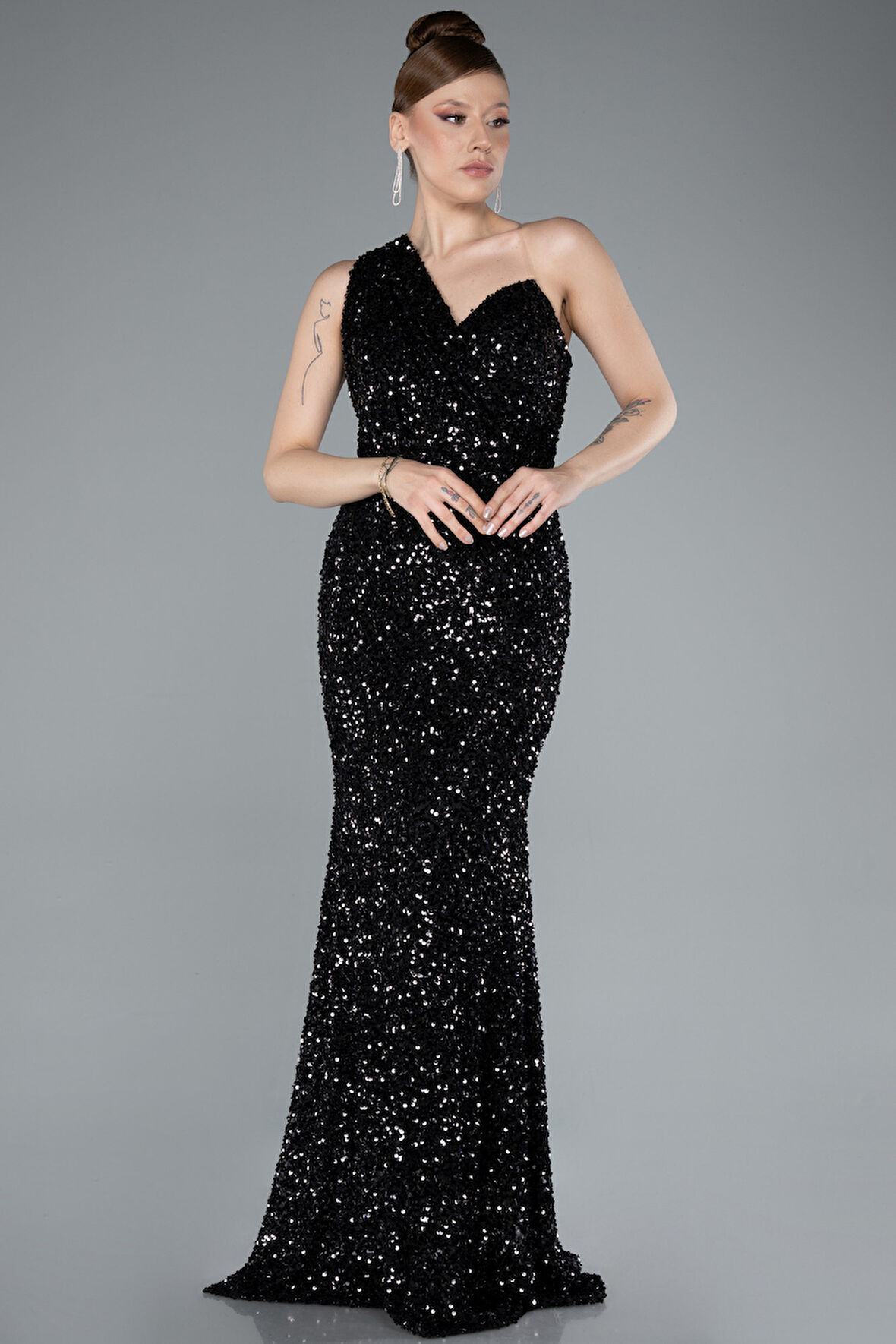 Tek Omuz Uzun Pullu Balık Abiye Elbise ABU4915