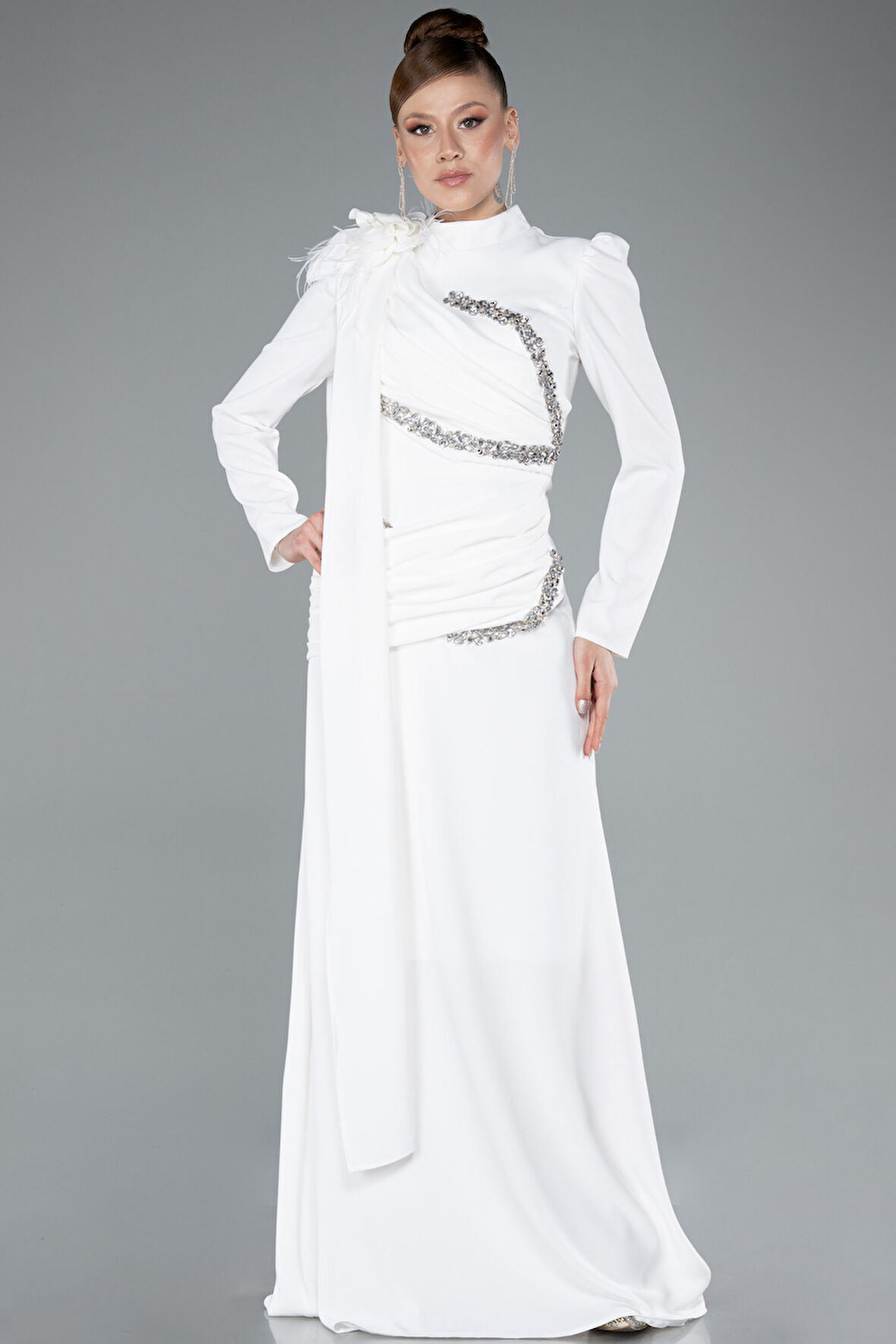 Dik Yaka Uzun Kol Şallı Tesettür Abiye ABU4934