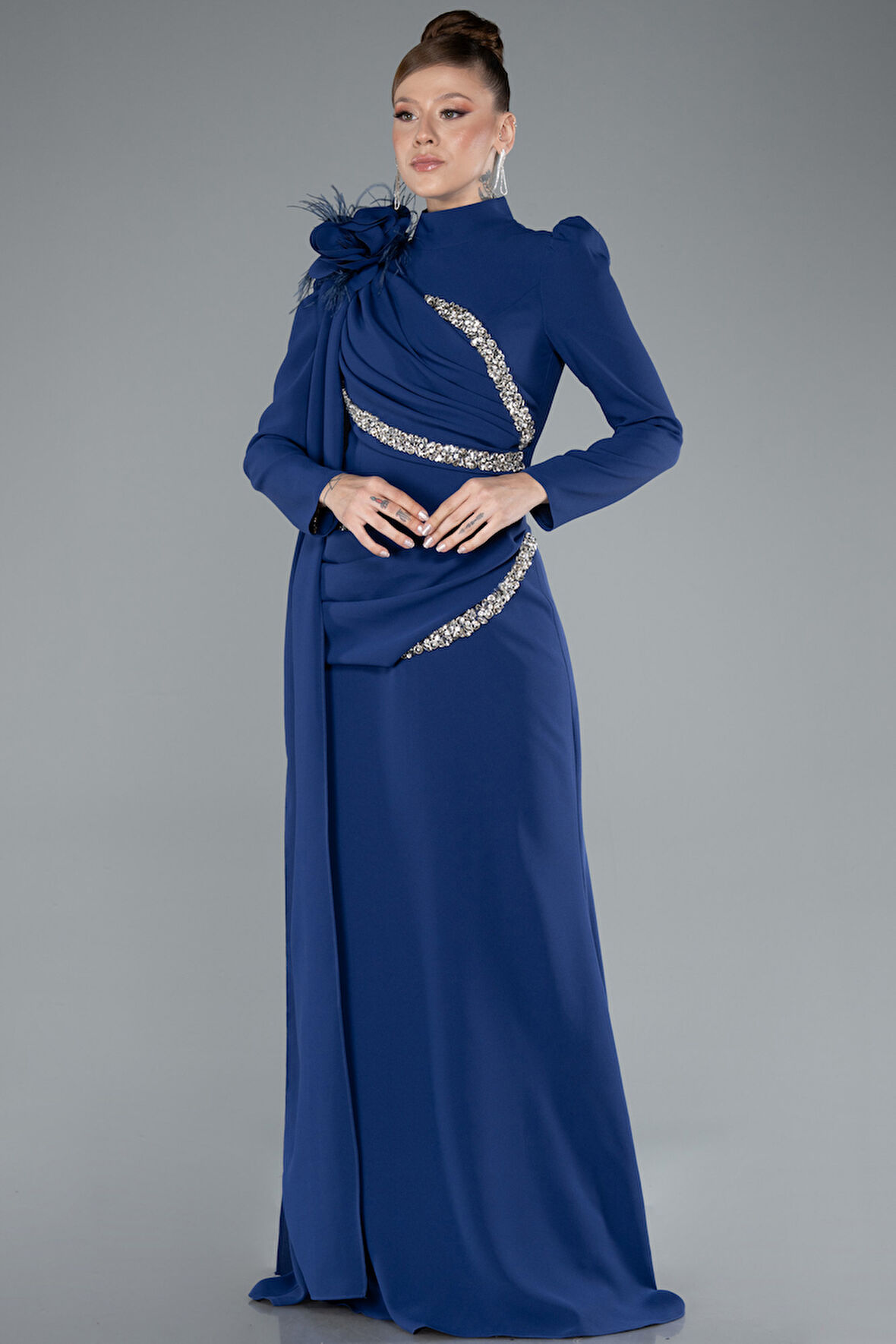 Dik Yaka Uzun Kol Şallı Tesettür Abiye ABU4934