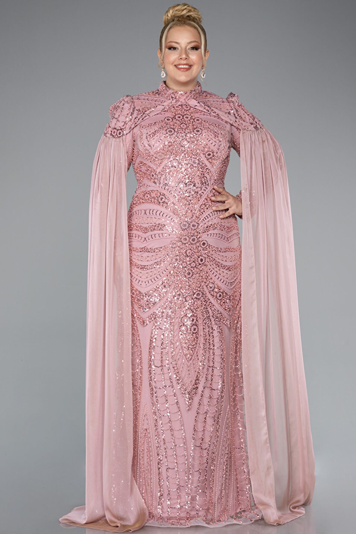 Boncuklu Dik Yaka Uzun Kol Büyük Beden Tesettür Abiye ABU4935