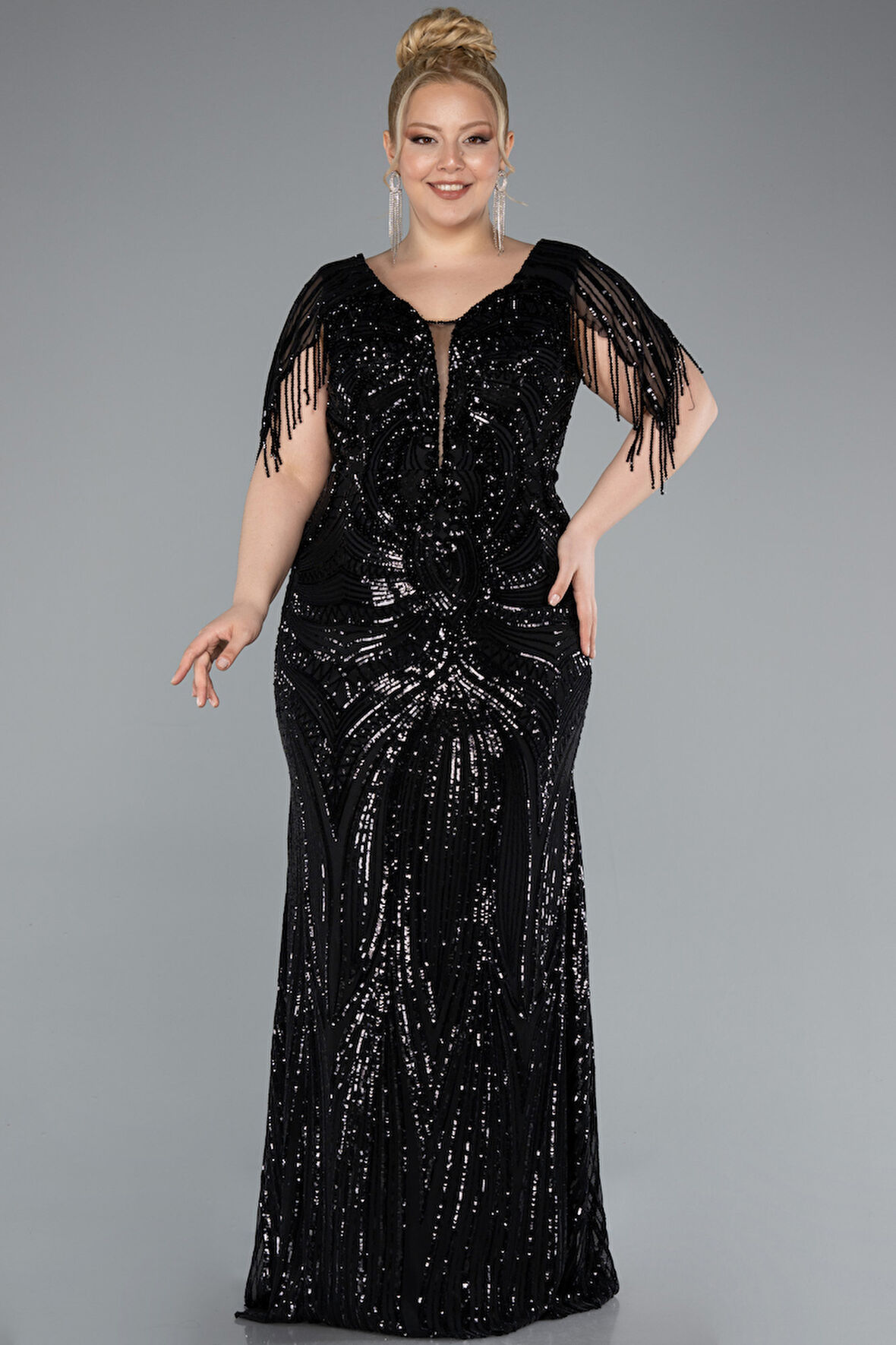 Kısa Kol V Yaka Uzun Pul Payet Büyük Beden Abiye ABU4953