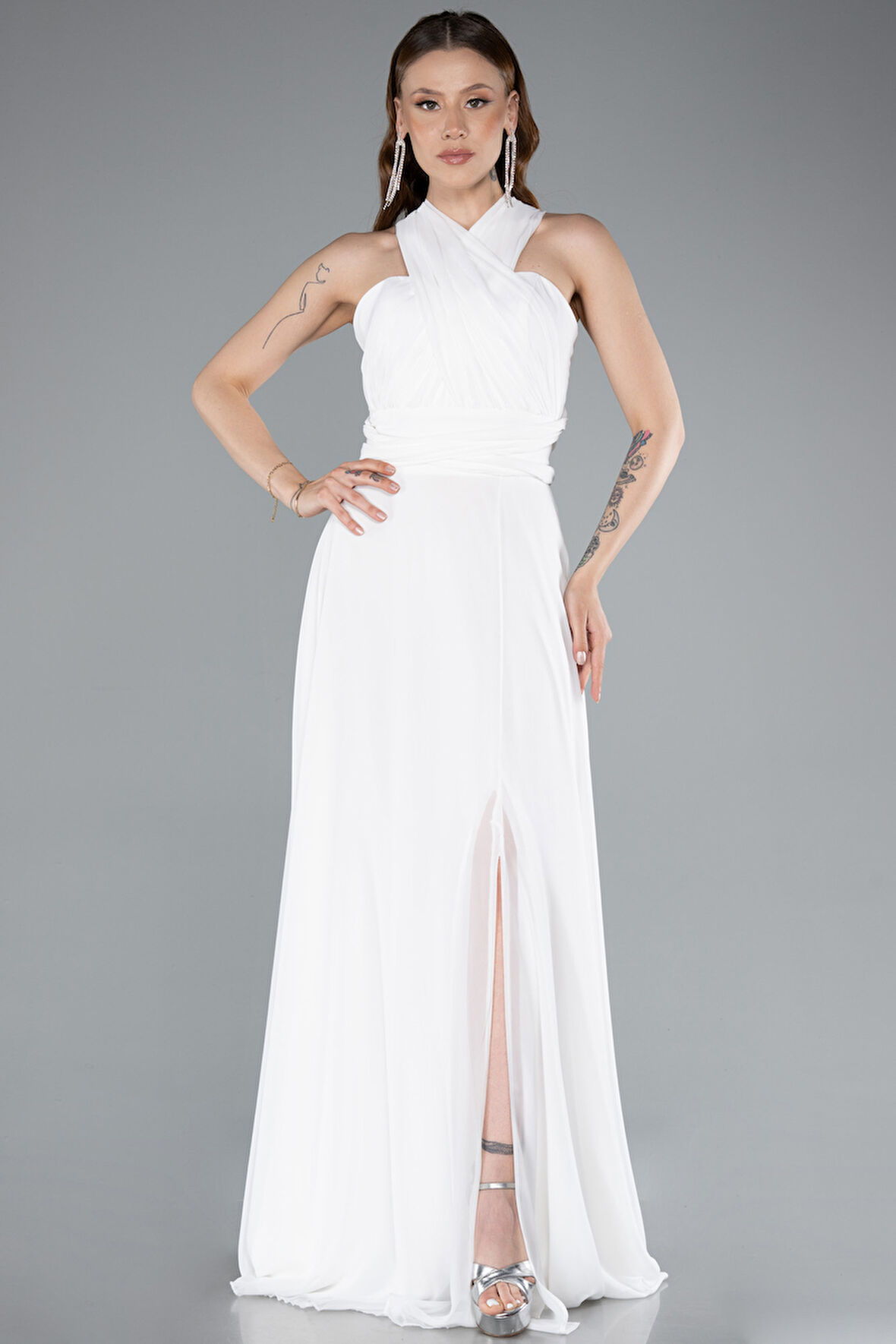 Bacak Dekolteli Uzun Şifon Mezuniyet Elbisesi ABU4965