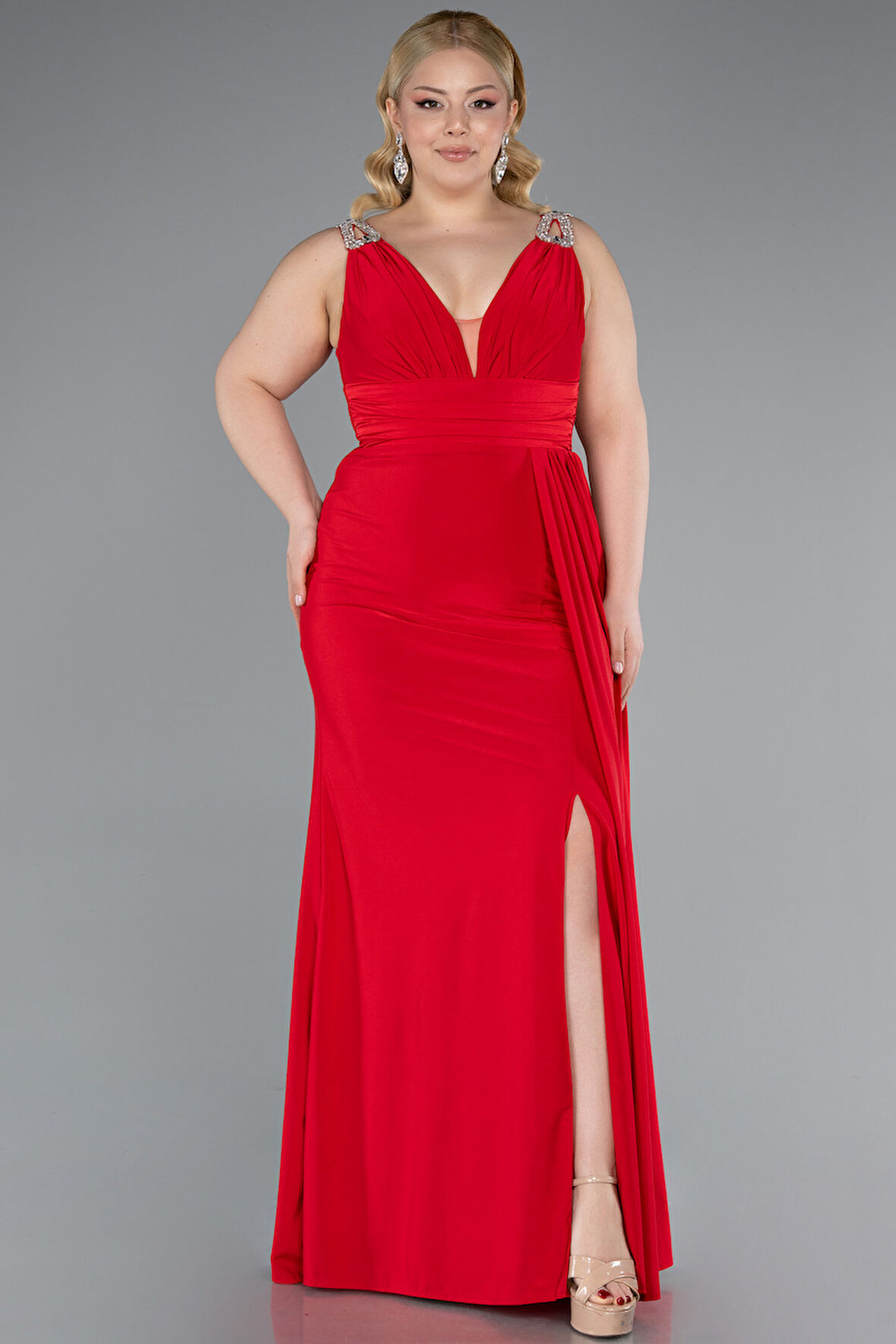 Kolsuz V Yaka Yırtmaçlı Uzun Büyük Beden Abiye ABU4968