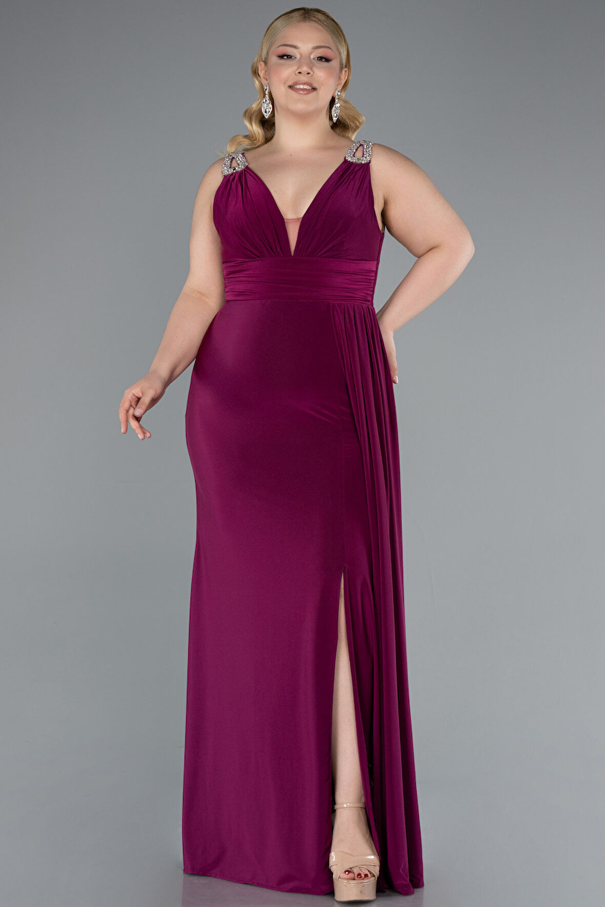 Kolsuz V Yaka Yırtmaçlı Uzun Büyük Beden Abiye ABU4968