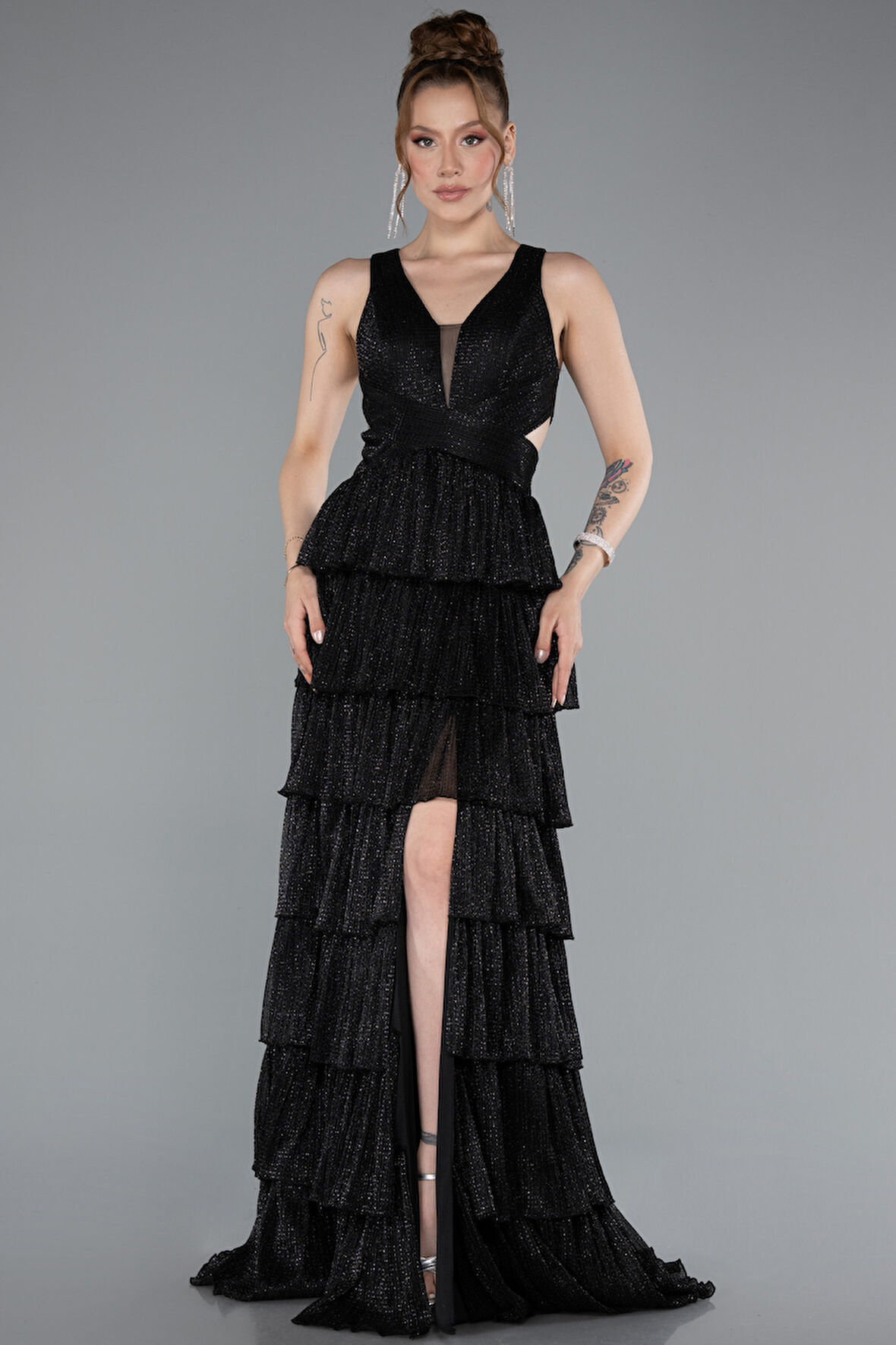 Yırtmaçlı Etekleri Katlı Uzun Mezuniyet Elbisesi ABU5000