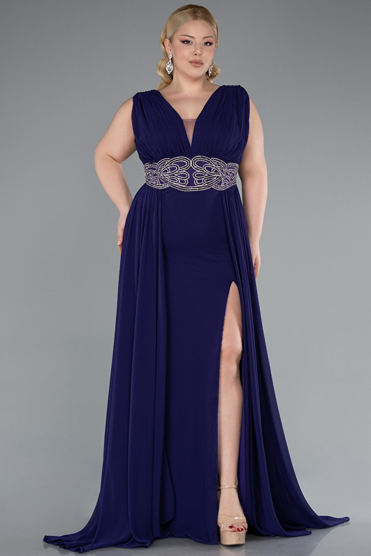 Kolsuz Beli Taşlı Yırtmaçlı Uzun Şifon Büyük Beden Abiye ABU5006