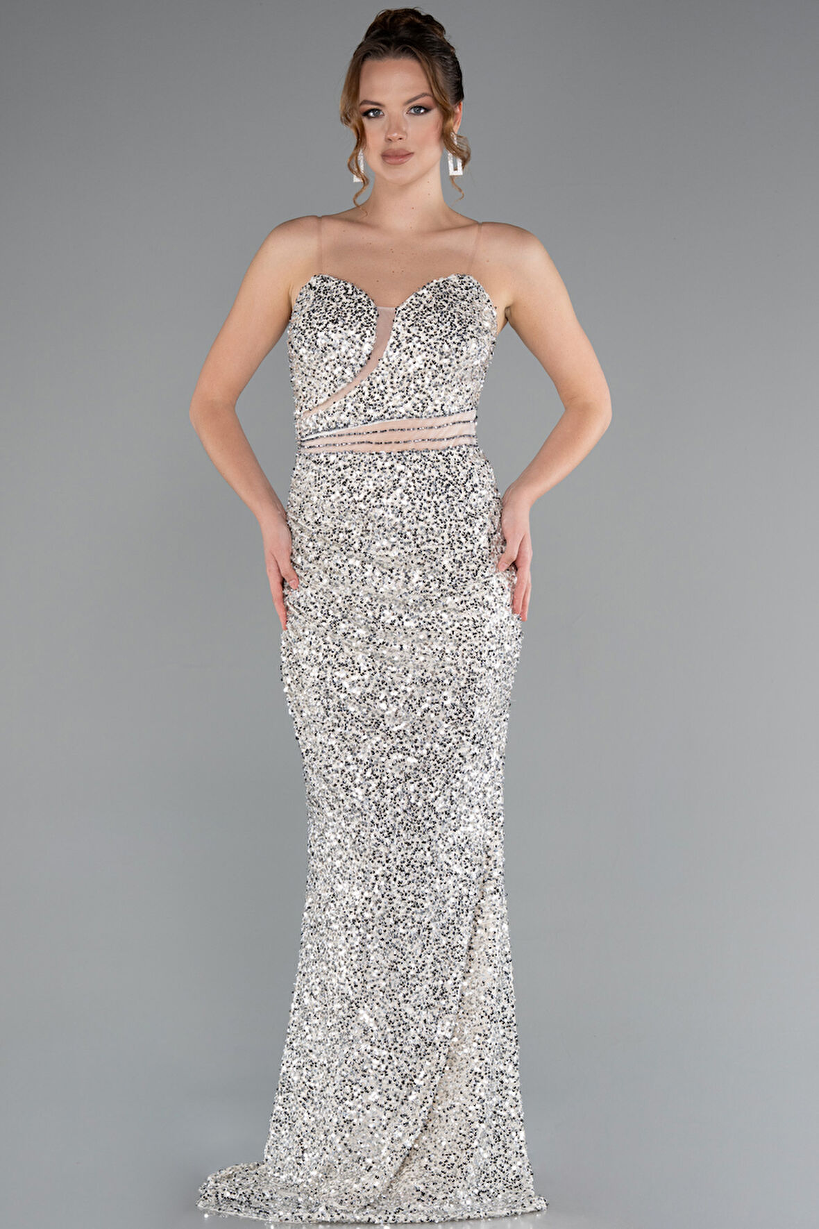 Straplez Uzun Pullu Abiye Elbise ABU5014