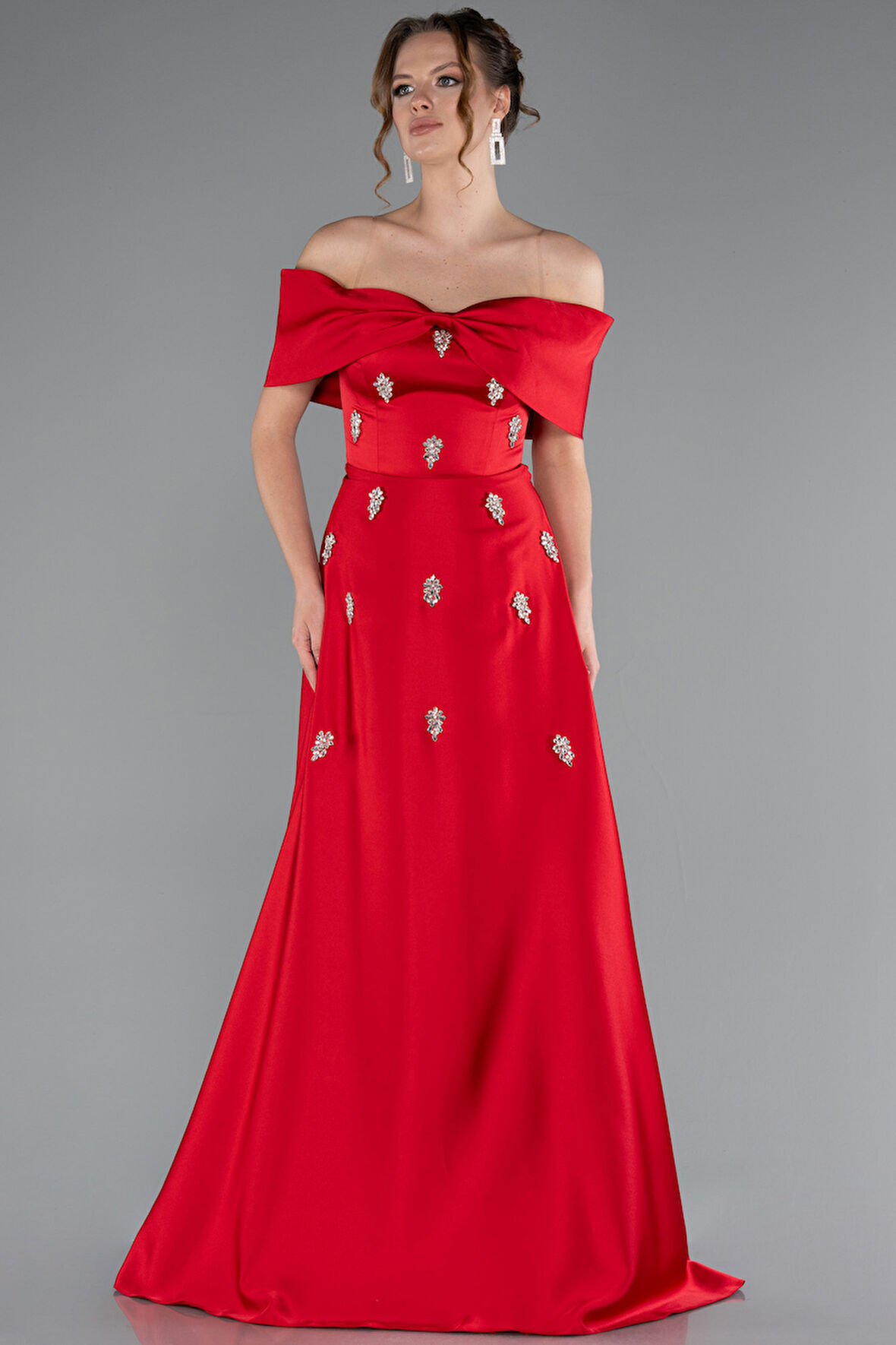 Kayık Yaka Taşlı Uzun Saten Abiye ABU5015