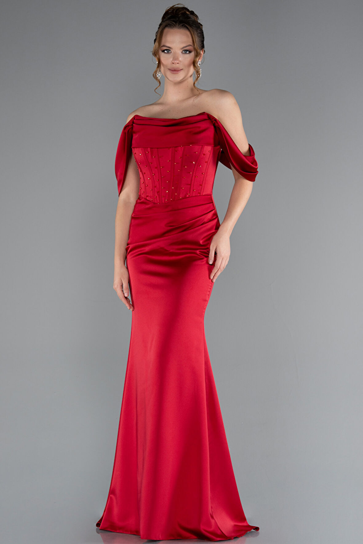 Kayık Yaka Taşlı Balen Korse Detay Uzun Saten Abiye ABU5017