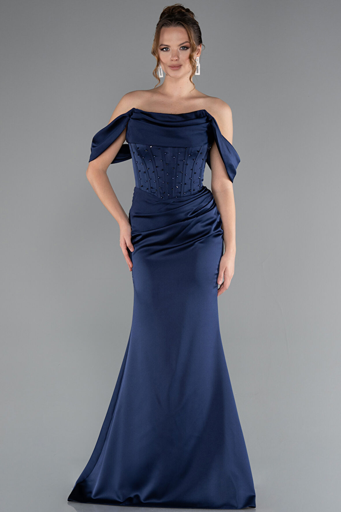 Kayık Yaka Taşlı Balen Korse Detay Uzun Saten Abiye ABU5017