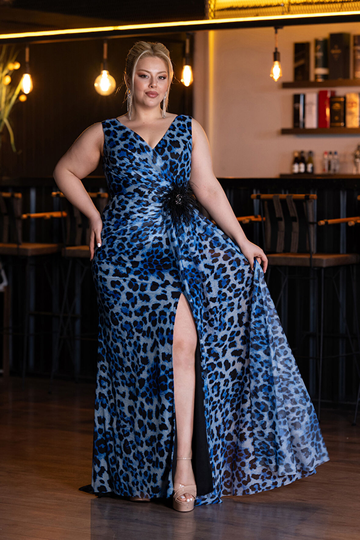 Leopar Desenli Yırtmaçlı Uzun Şifon Büyük Beden Abiye ABU5018