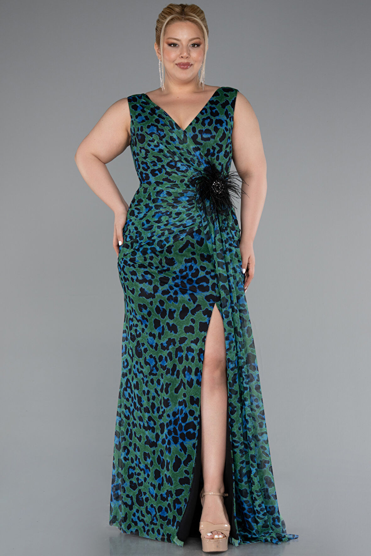 Leopar Desenli Yırtmaçlı Uzun Şifon Büyük Beden Abiye ABU5018