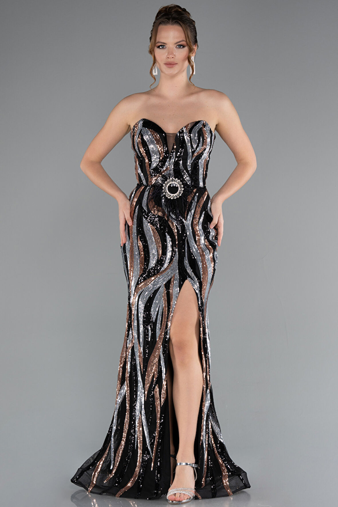 Straplez Yırtmaçlı Uzun Pul Payet Büyük Beden Abiye ABU5025