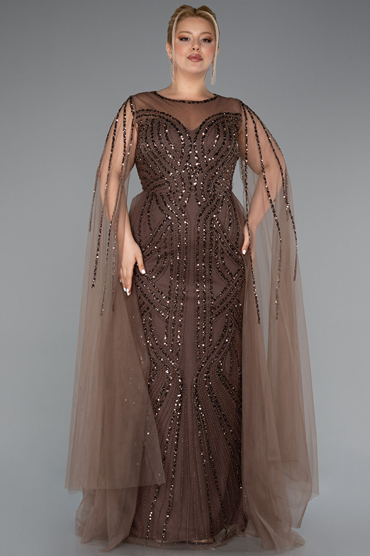 Pelerin Detay Taşlı Uzun Büyük Beden Abiye ABU5050