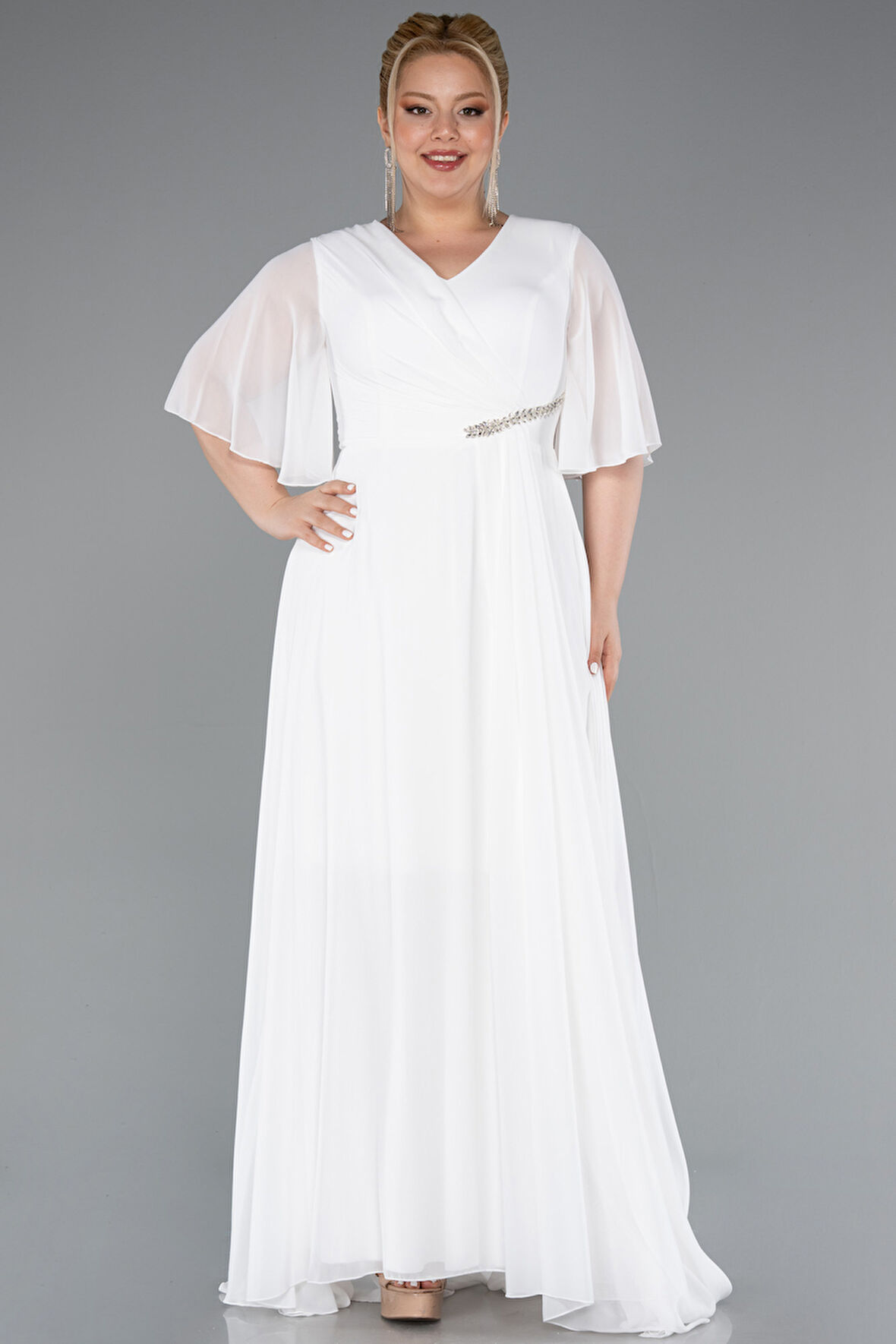 Kısa Kol V Yaka Uzun Şifon Büyük Beden Abiye ABU5051