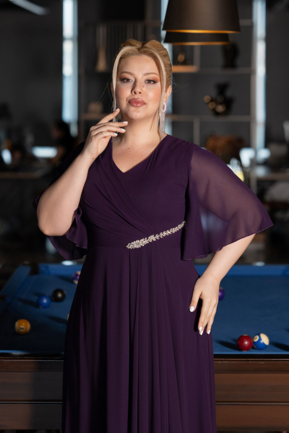 Kısa Kol V Yaka Uzun Şifon Büyük Beden Abiye ABU5051