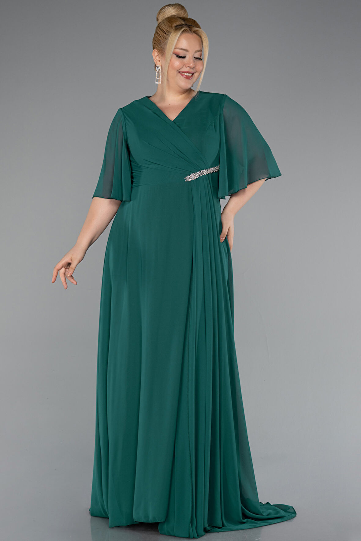 Kısa Kol V Yaka Uzun Şifon Büyük Beden Abiye ABU5051