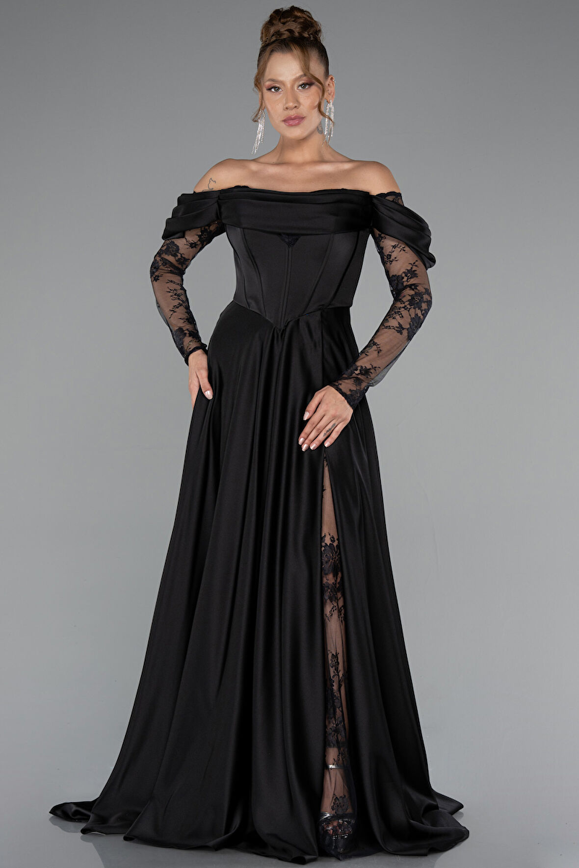 Dantel Uzun Kol Kayık Yaka Saten Abiye ABU5054