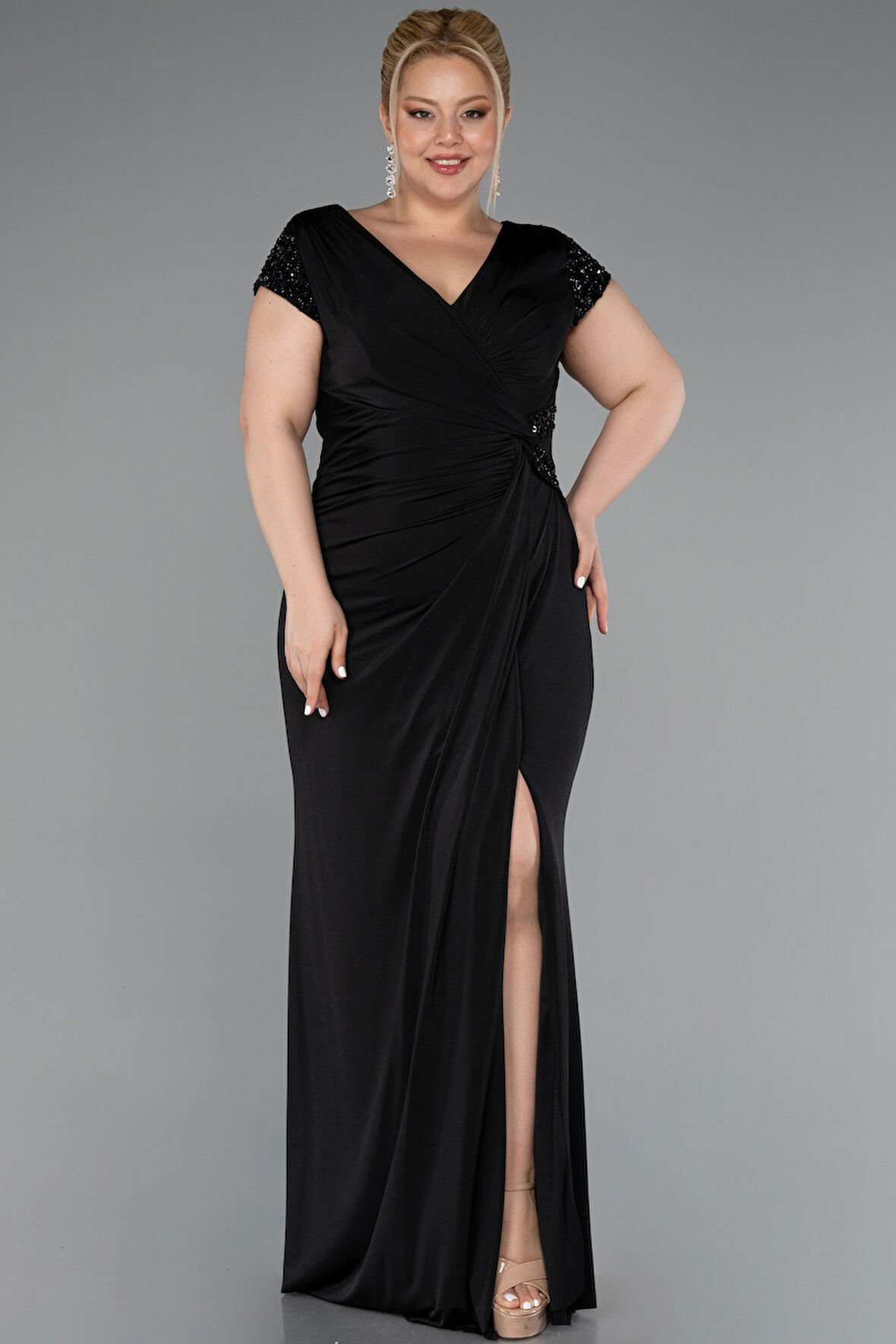 Taşlı Kısa Kol Yırtmaç Uzun Büyük Beden Abiye ABU5055