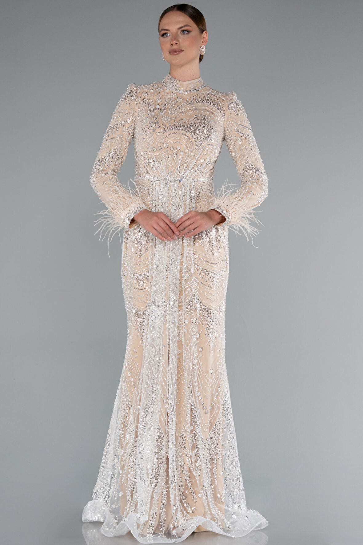 Taş İşlemeli Otrişli Uzun Kol Tesettür Abiye ABU5056