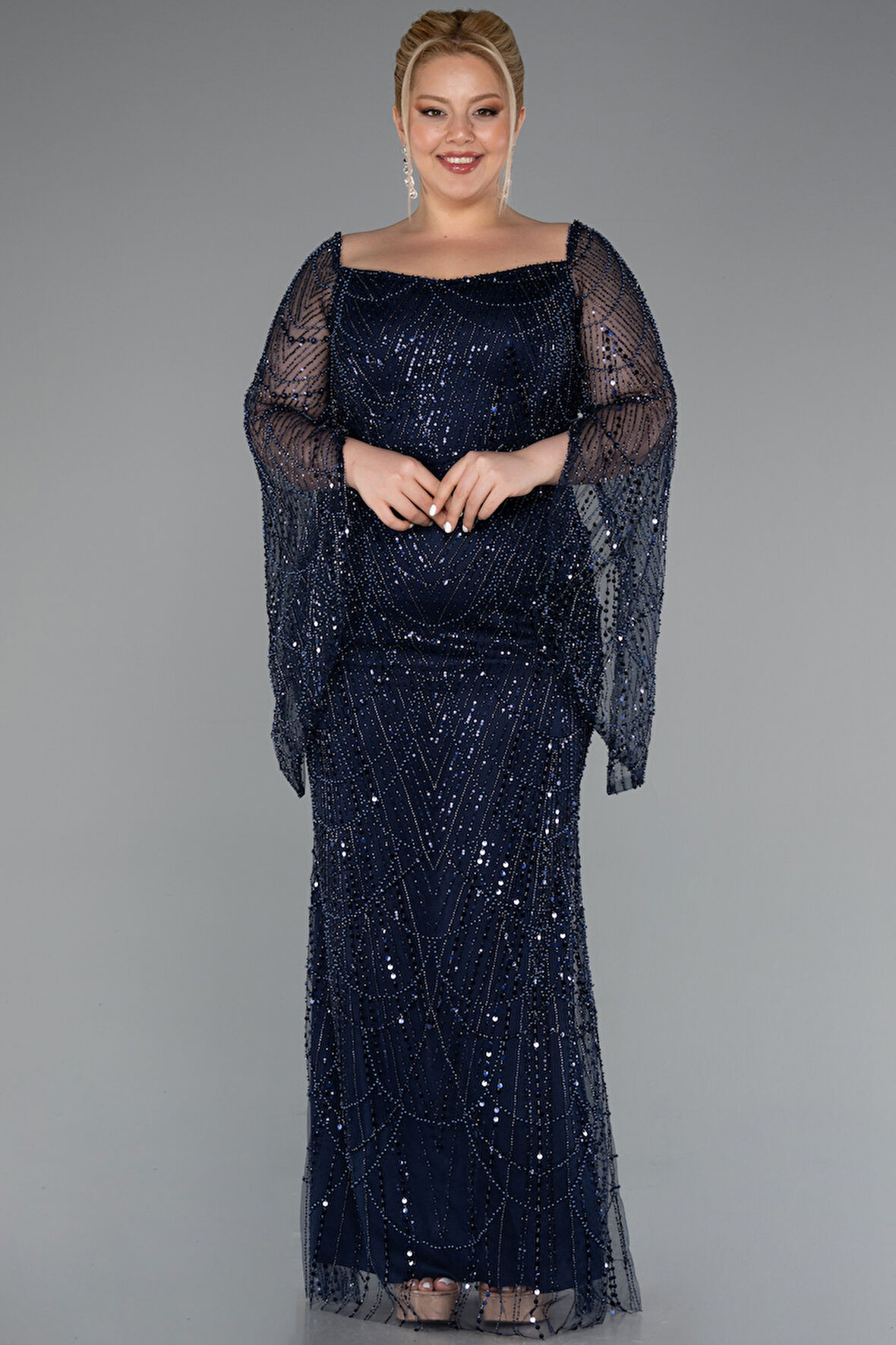 Uzun Kol Boncuklu Büyük Beden Abiye ABU5067