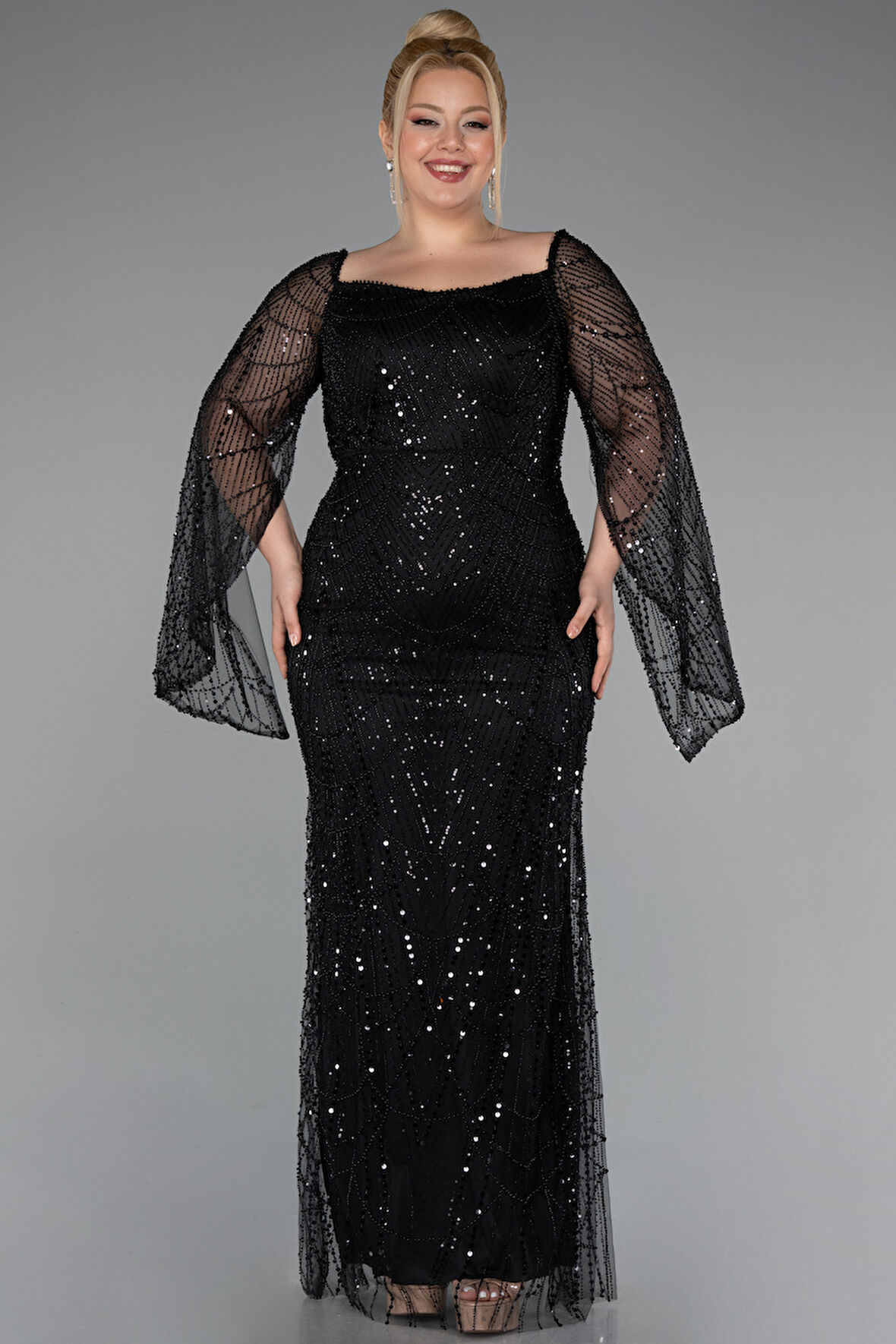 Uzun Kol Boncuklu Büyük Beden Abiye ABU5067