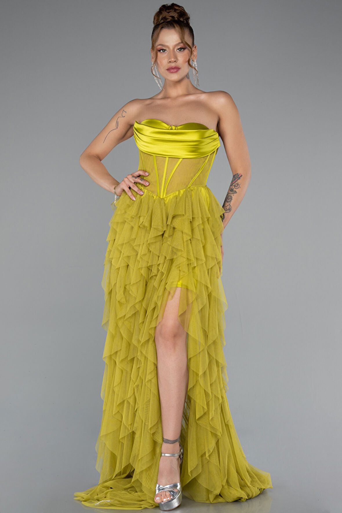 Straplez Yırtmaçlı Uzun Abiye ABU5071