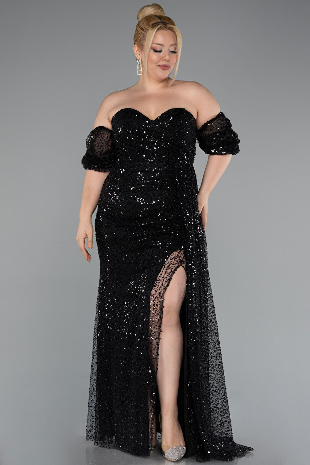 Straplez Yırtmaçlı Uzun Pullu Büyük Beden Abiye ABU5077