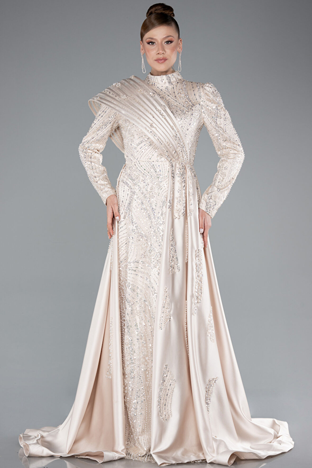 Taşlı Uzun Kol Saten Büyük Beden Tesettür Abiye ABU5083