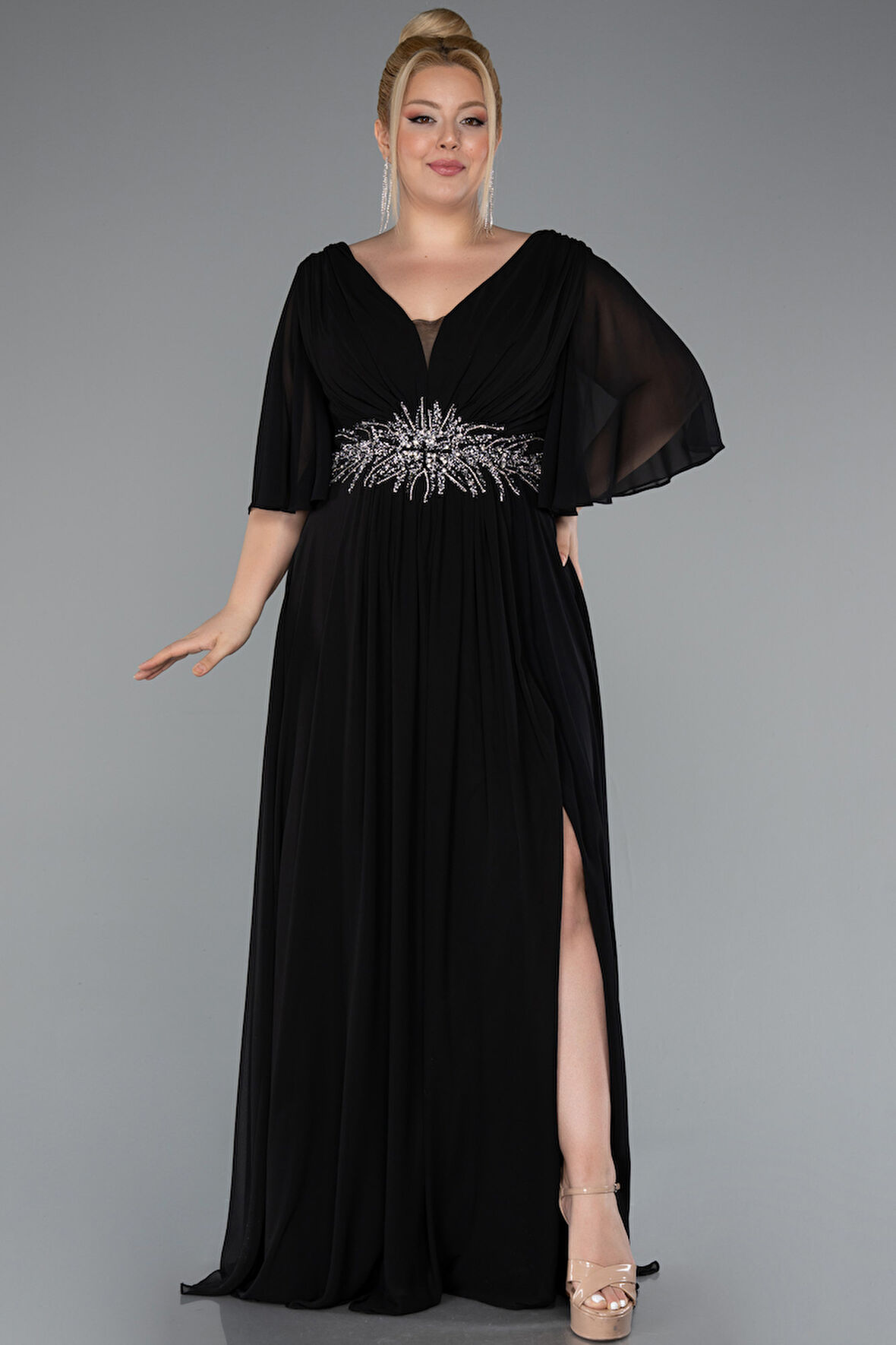 Kısa Kol V Yaka Uzun Şifon Büyük Beden Abiye ABU5095