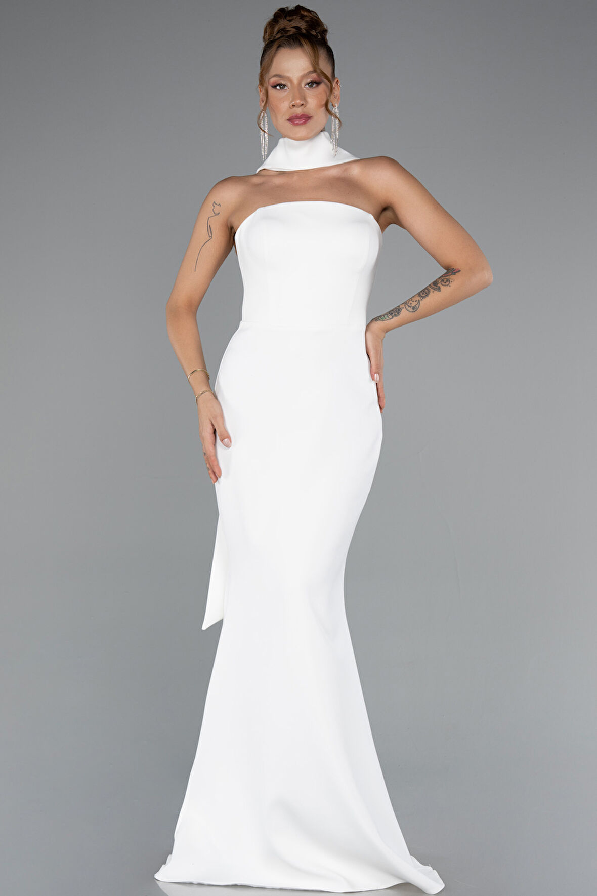 Straplez Şal Aksesuarlı Uzun Balık Abiye ABU5097