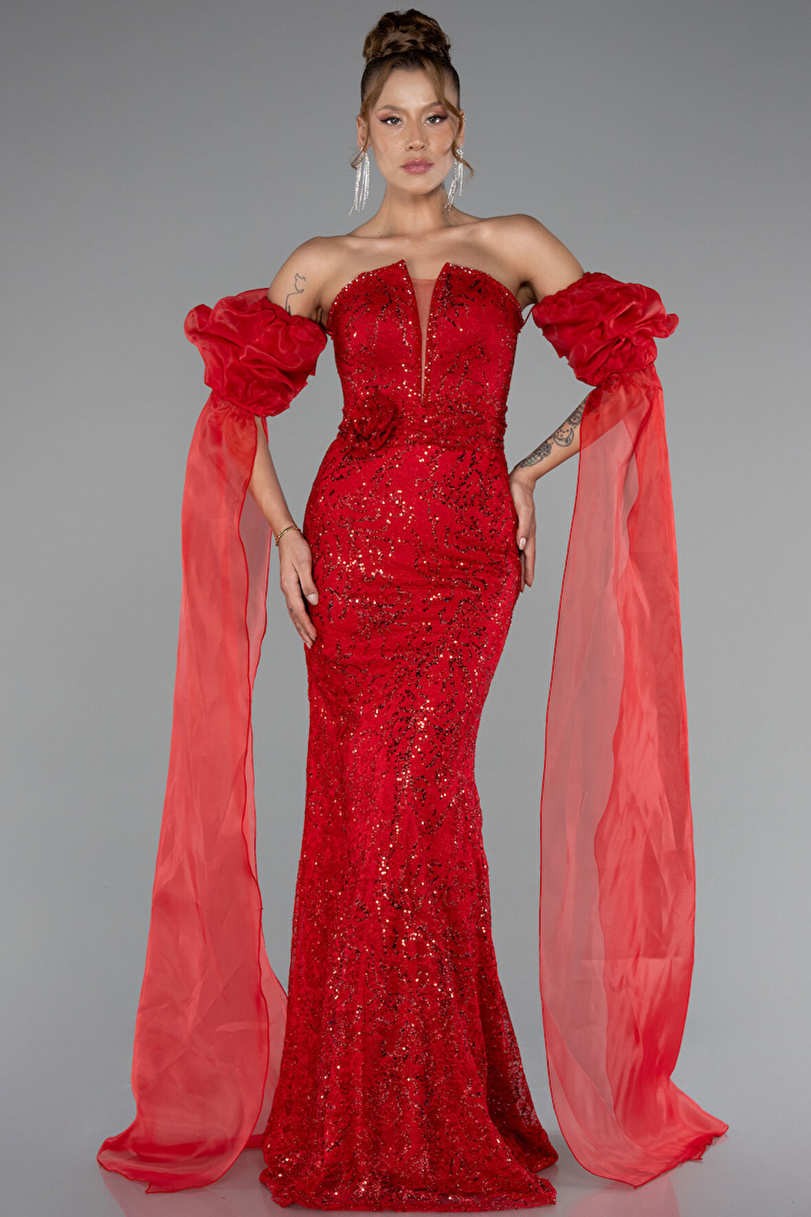 Straplez Uzun Dantel Özel Tasarım Abiye ABU5102