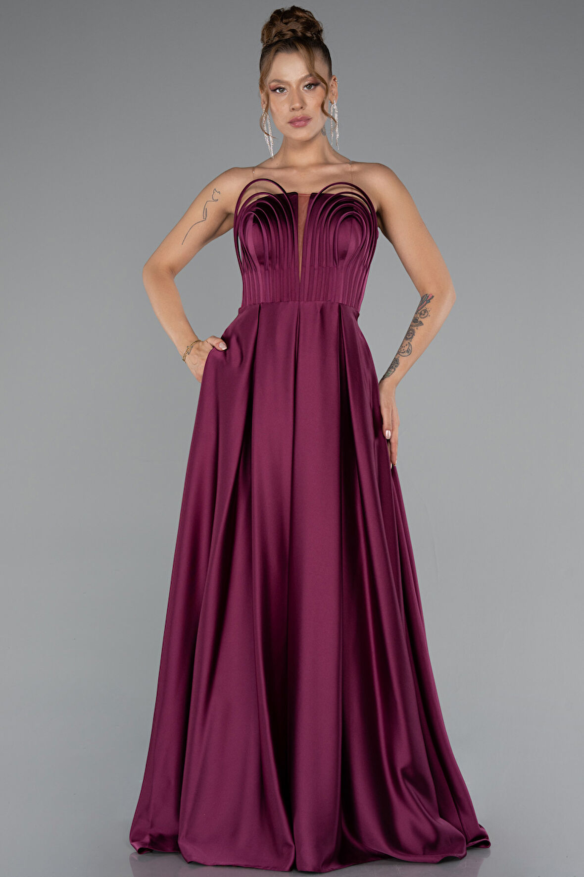 Straplez Uzun Saten Abiye Elbise ABU5105