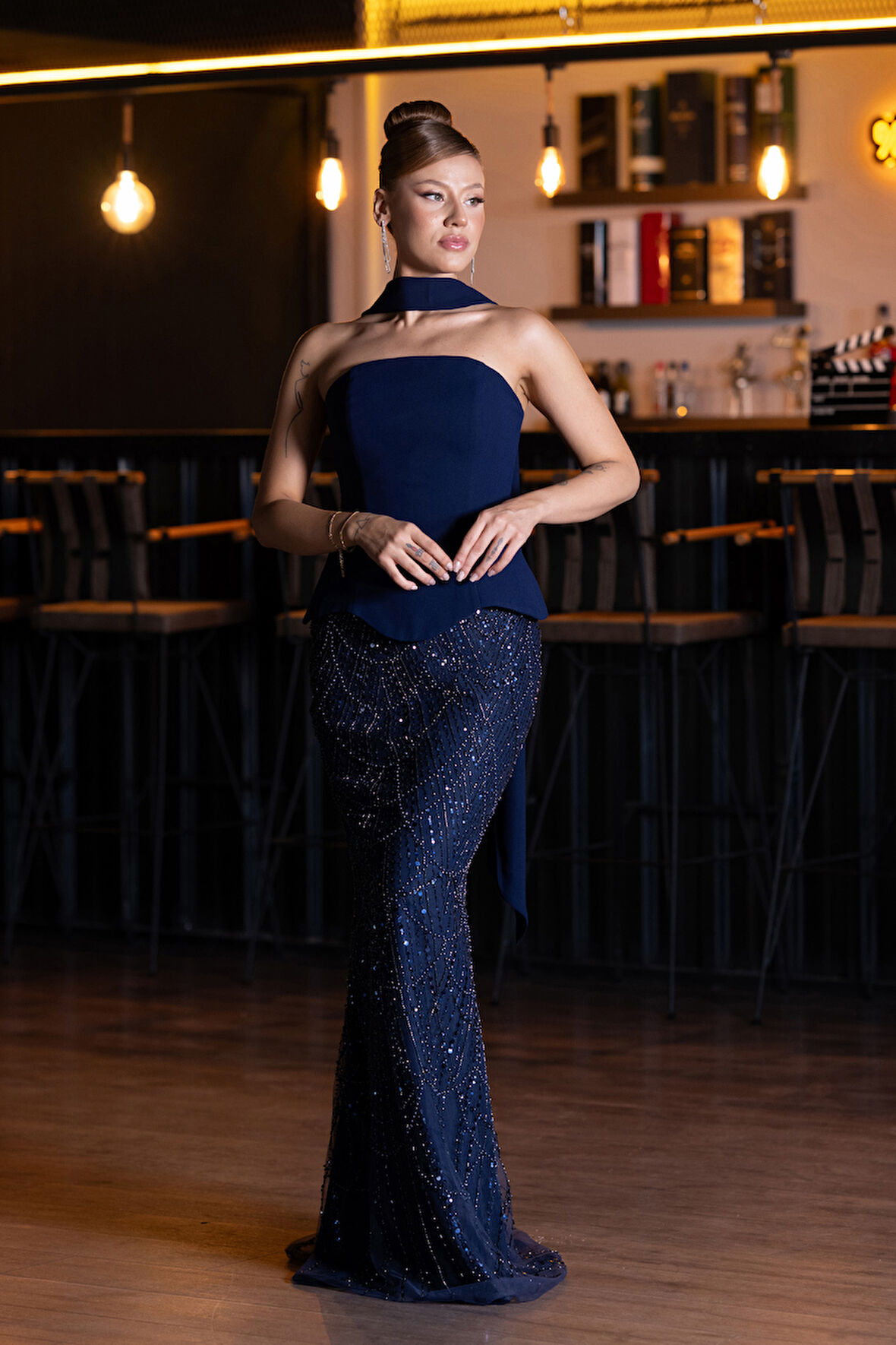 Straplez Peplum Detay Taşlı Uzun Balık Abiye ABU5131