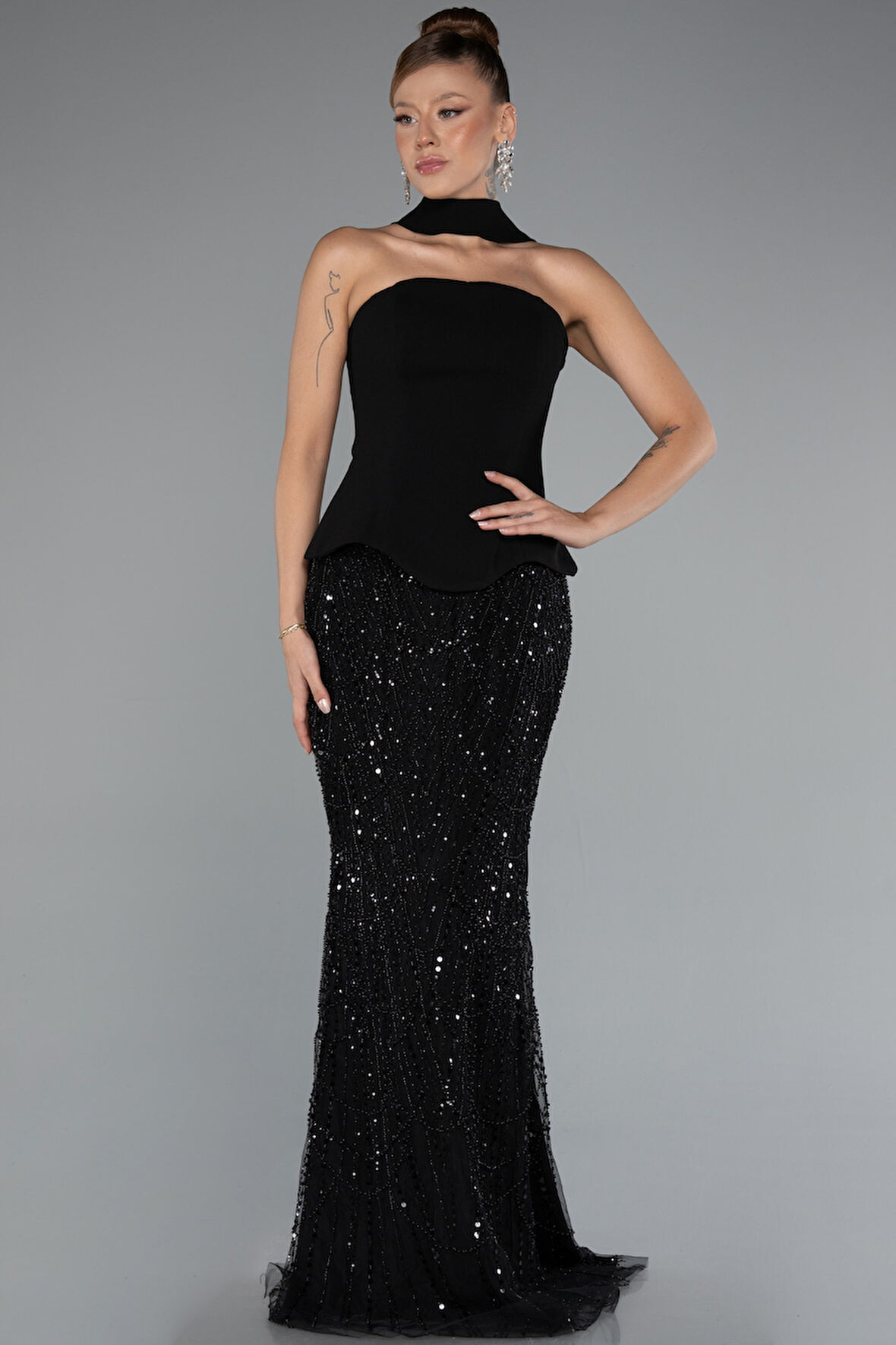 Straplez Peplum Detay Taşlı Uzun Balık Abiye ABU5131
